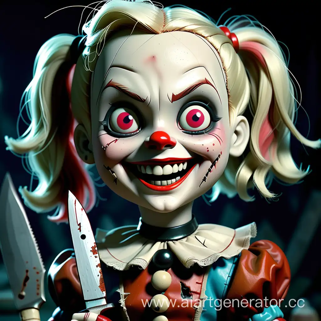 Antique-Creepy-Doll-Smiles-Resembling-Harley-Quinn-with-Knife