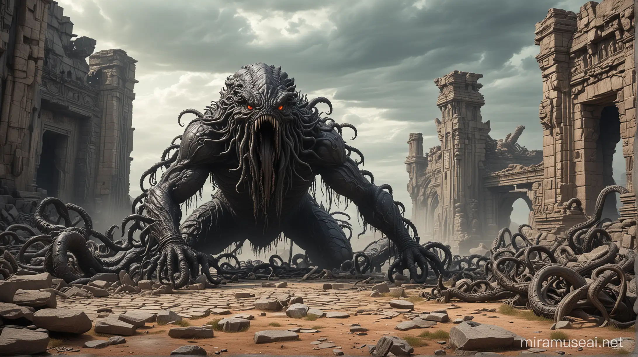 A giant lovecratian monster, black tentacles, crouched and snarling in front of ancient alien stone and metal ruins, bleak.