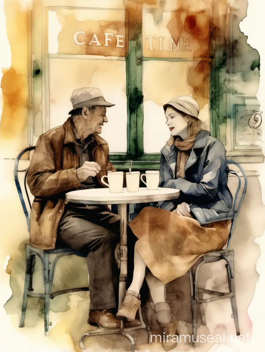 A man and a woman, their faces etched with the passage of time, sit quietly in an old-style watercolor cafe. The environment is infused with a gently retro aesthetic, boasting faded colors and a warm, nostalgic feeling. Allow the watercolor technique to flow freely, capturing the changing seasons and the subtle nuances of each passing moment. --ar 3:2