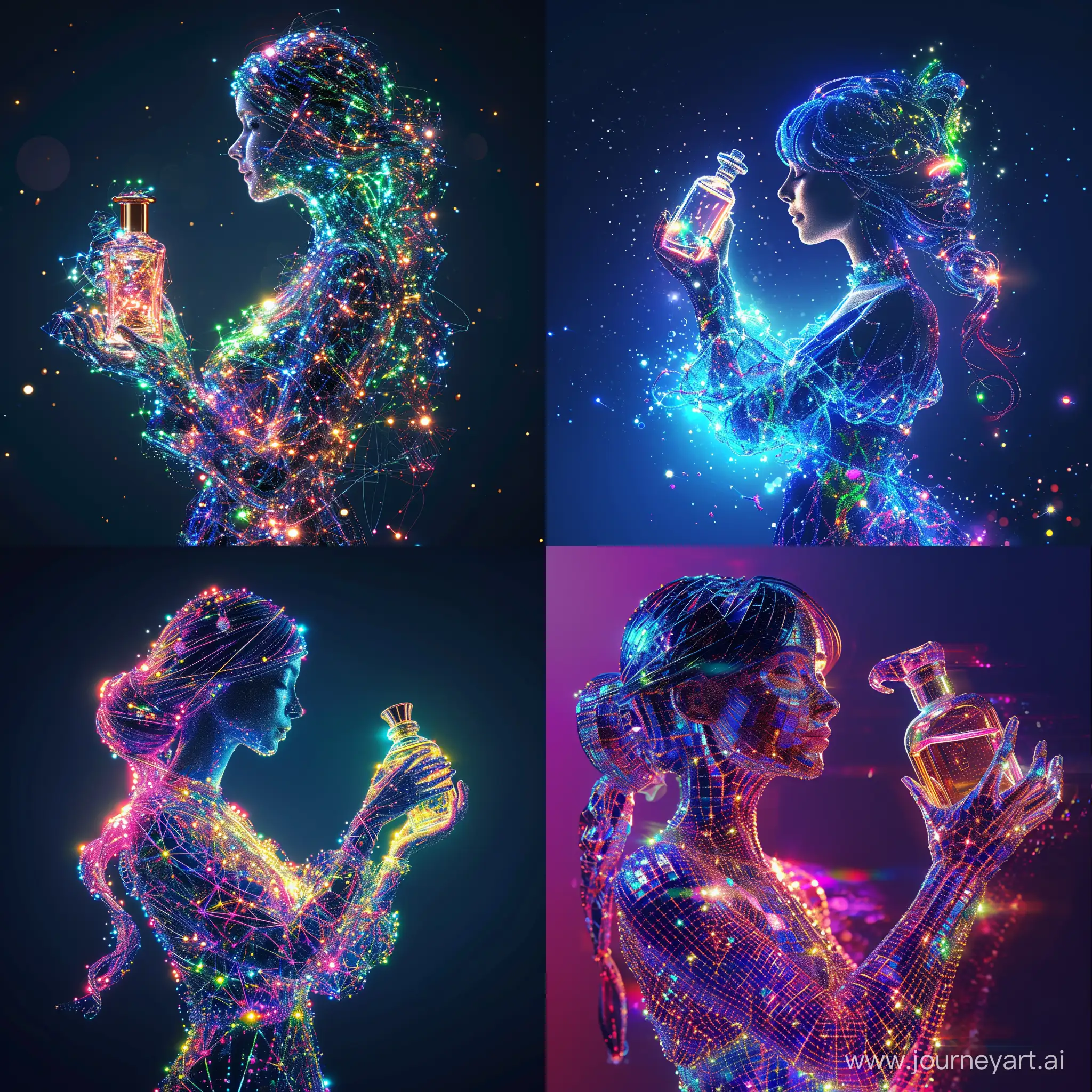 zodiac sign Aquarius Woman molecular structure holding a bottle of perfume in her hands! graceful figure, 8K Ultra HD image clarity and detail, otherworldly charm, stunning full-color images, subtly shimmering iridescent, magical and mystical, detailed and photorealistic