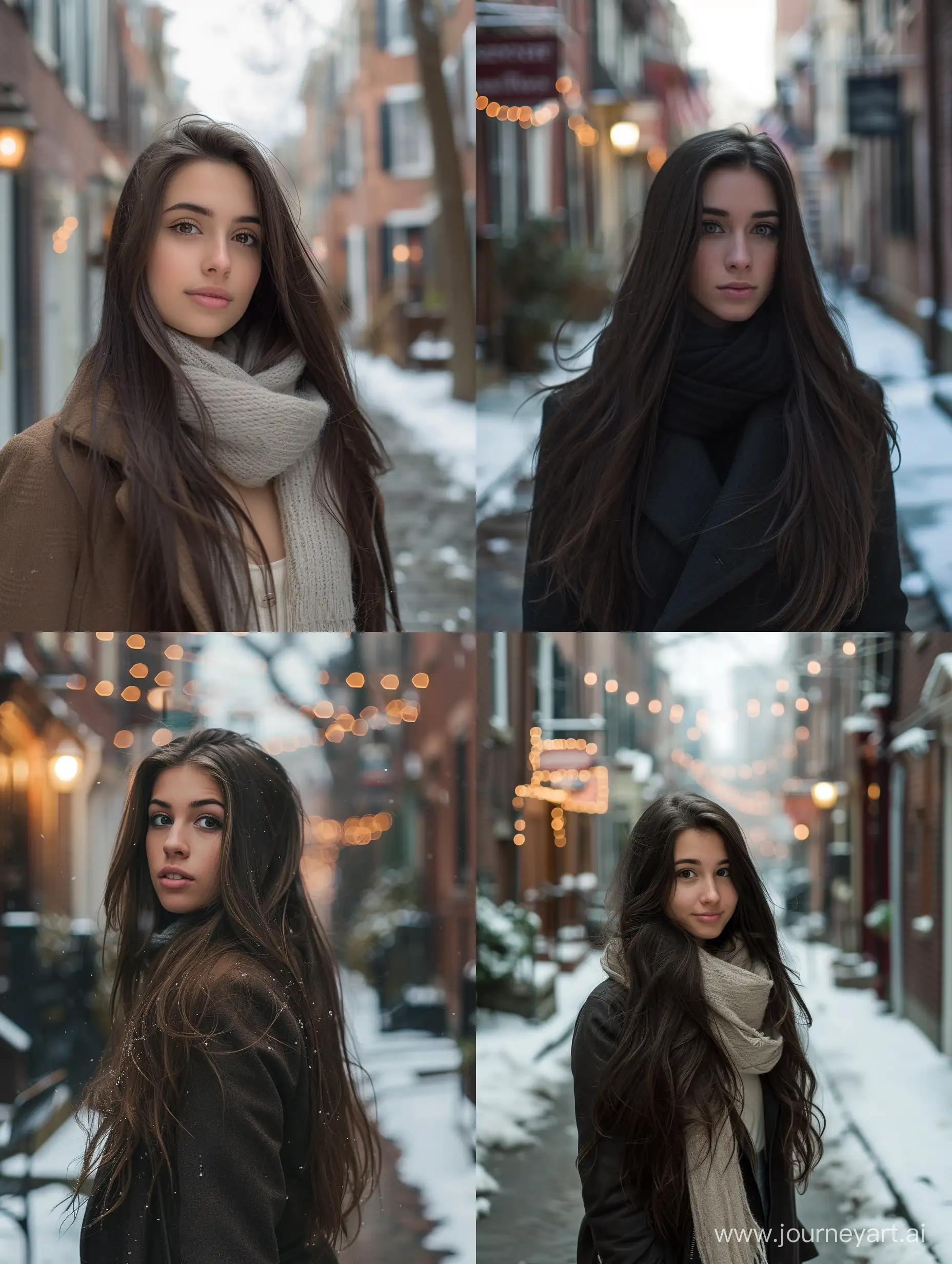 девушка брюнетка с длинными волосами на улице Elfreth's Alley в Филадельфии в бесснежную зиму