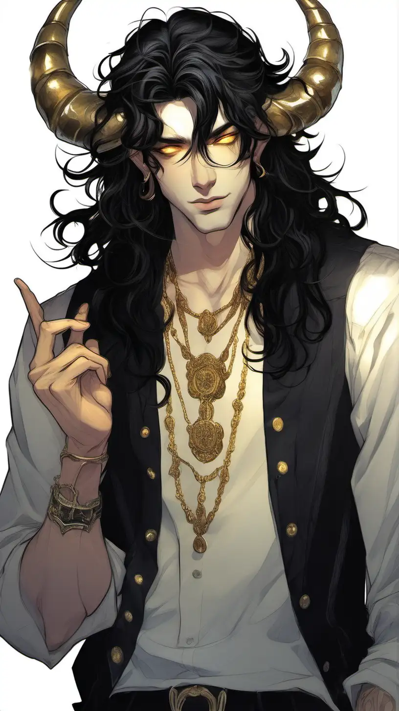 Lithe young man with two obsidian horns, long wavy black hair, and piercing but thoughtful golden eyes. Cheerful demeanor. 
