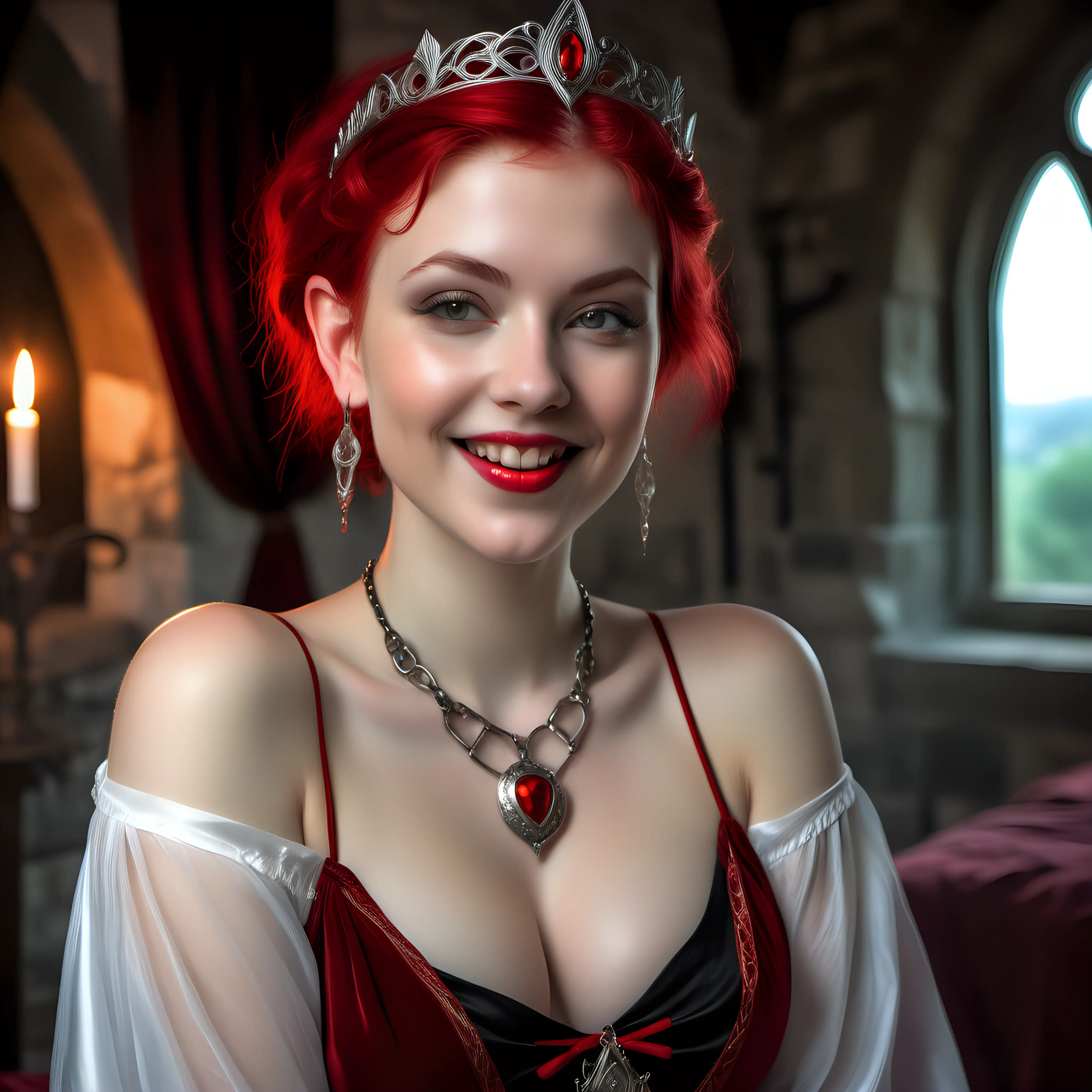 Beautiful voluptuous elf princess, age 22 years, short white hair, red hair pins, pale flawless skin, radiant smile, sheer white shawl, revealing red and black nightgown, red lipstick, red jeweled necklace and bracelets and earrings, medieval fantasy, castle bedroom, boudoir photography, hyper-detailed, hyper-realistic, closeup portrait