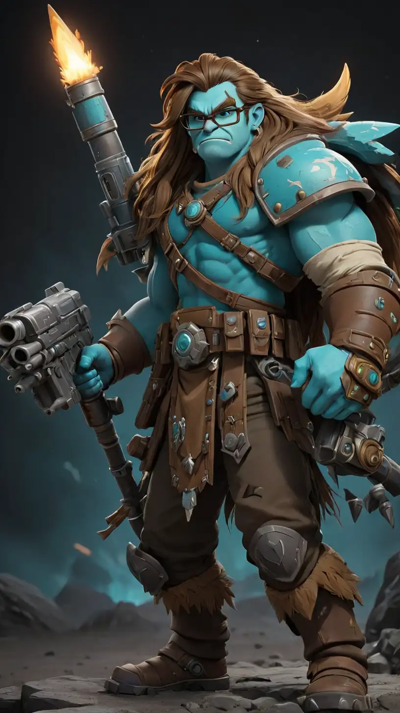 Young Male Giant in Cyan Ogryn Warhammer Outfit with Rocket Launcher
