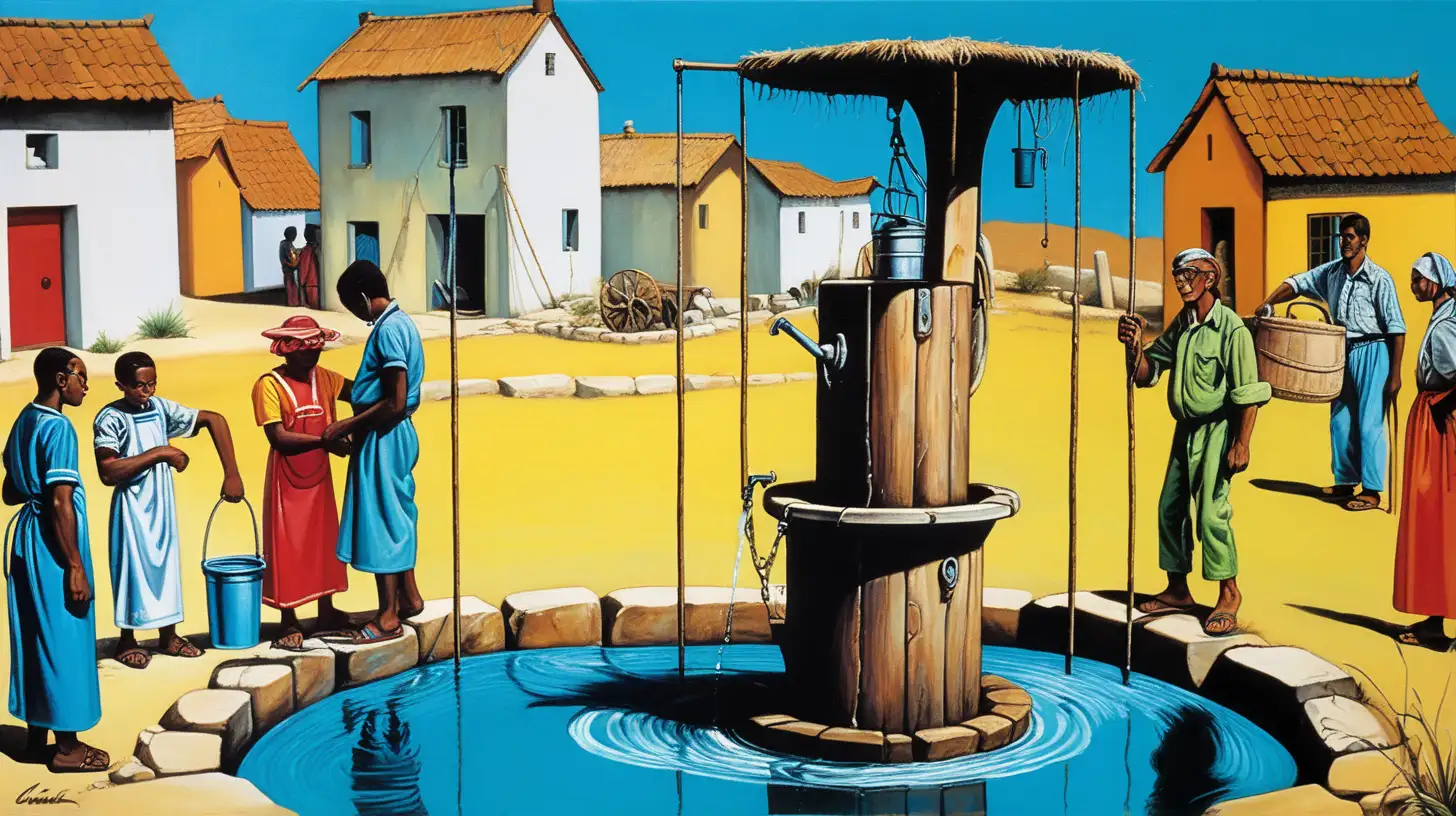 Requesting a painting, which shows that since man discovered the water well and its use, he can afford to live anywhere in the world... draw human colonies in different places that use the well as a source of water, the first period immediately after the invention of the well... a pop art painting in bold colors