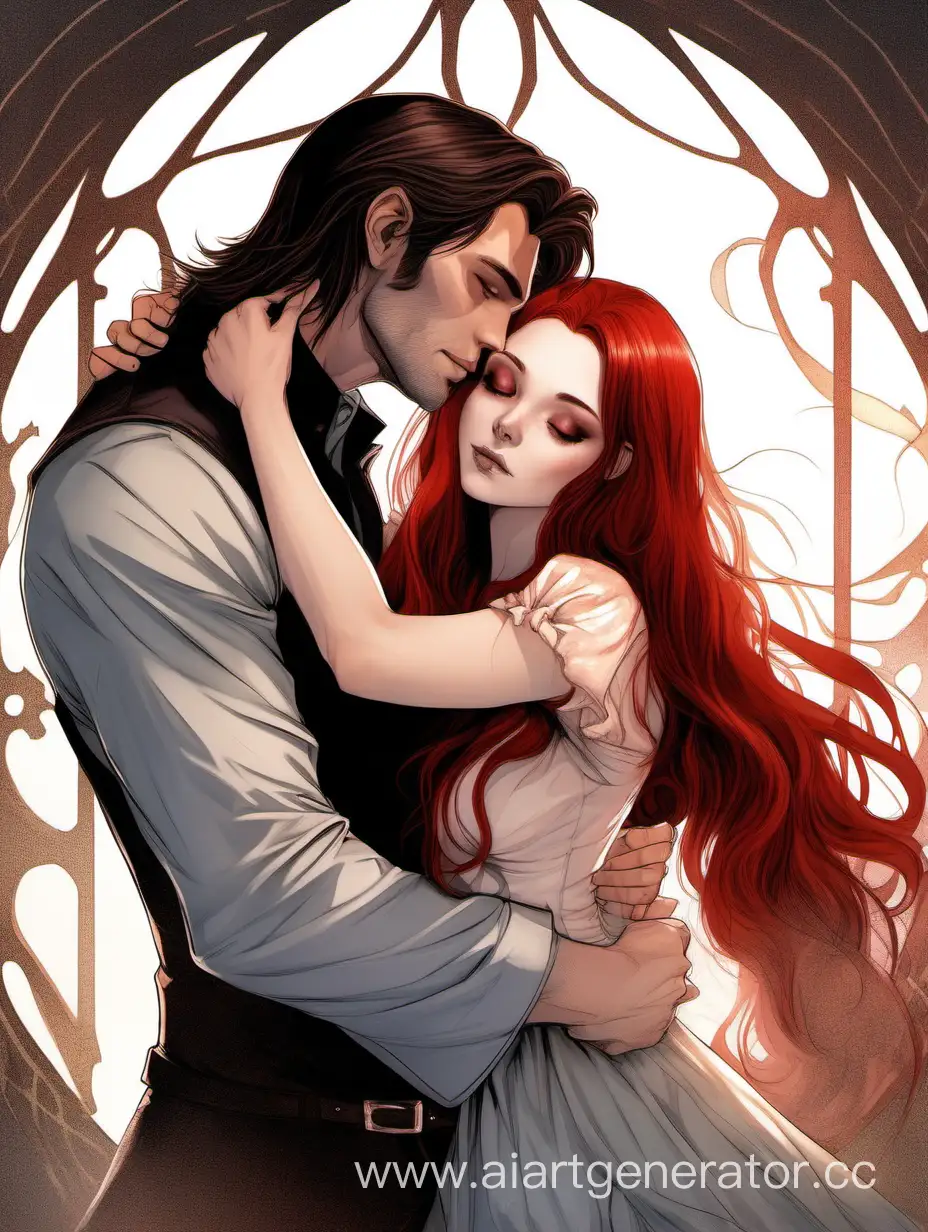 Красивый мужчина брюнет с небольшими рогами обнимает девушку в лёгком платье с длинными рыжими волосами 