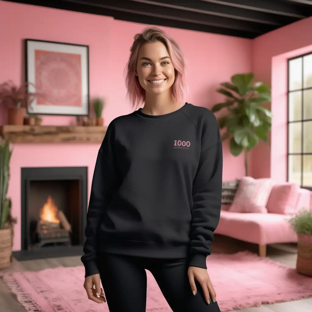 a photorealistic photo mockup of a gently smiling female wearing a blank black,
over-sized Gildan 18000 sweatshirt , and black leggings in front of an indoor pink themed
boho style home living Room scene. professional photography composition, f9.0. --ar 5:4 -
-s 750 --style raw -
