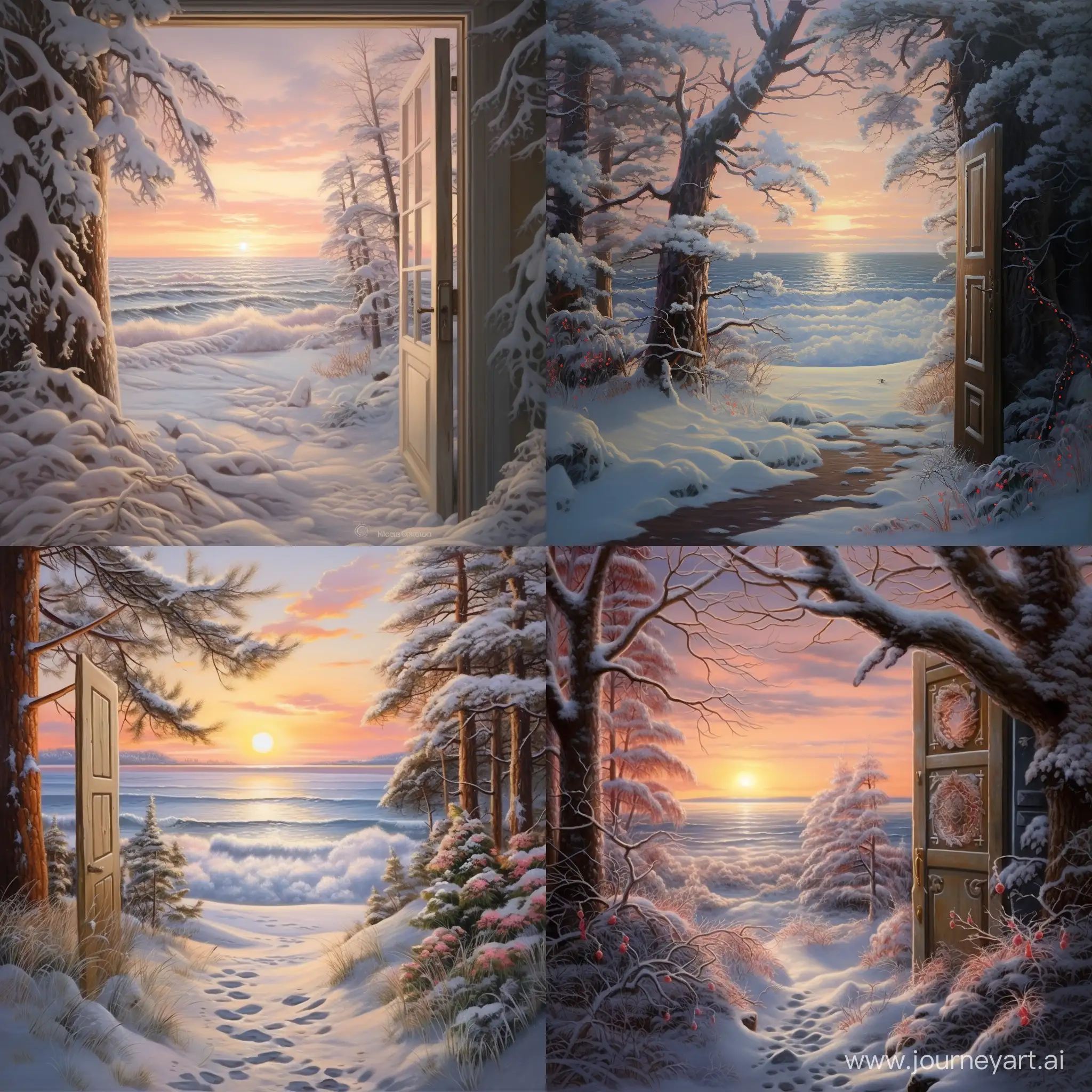 Snowy-Forest-Doorway-Revealing-Summer-Seascape