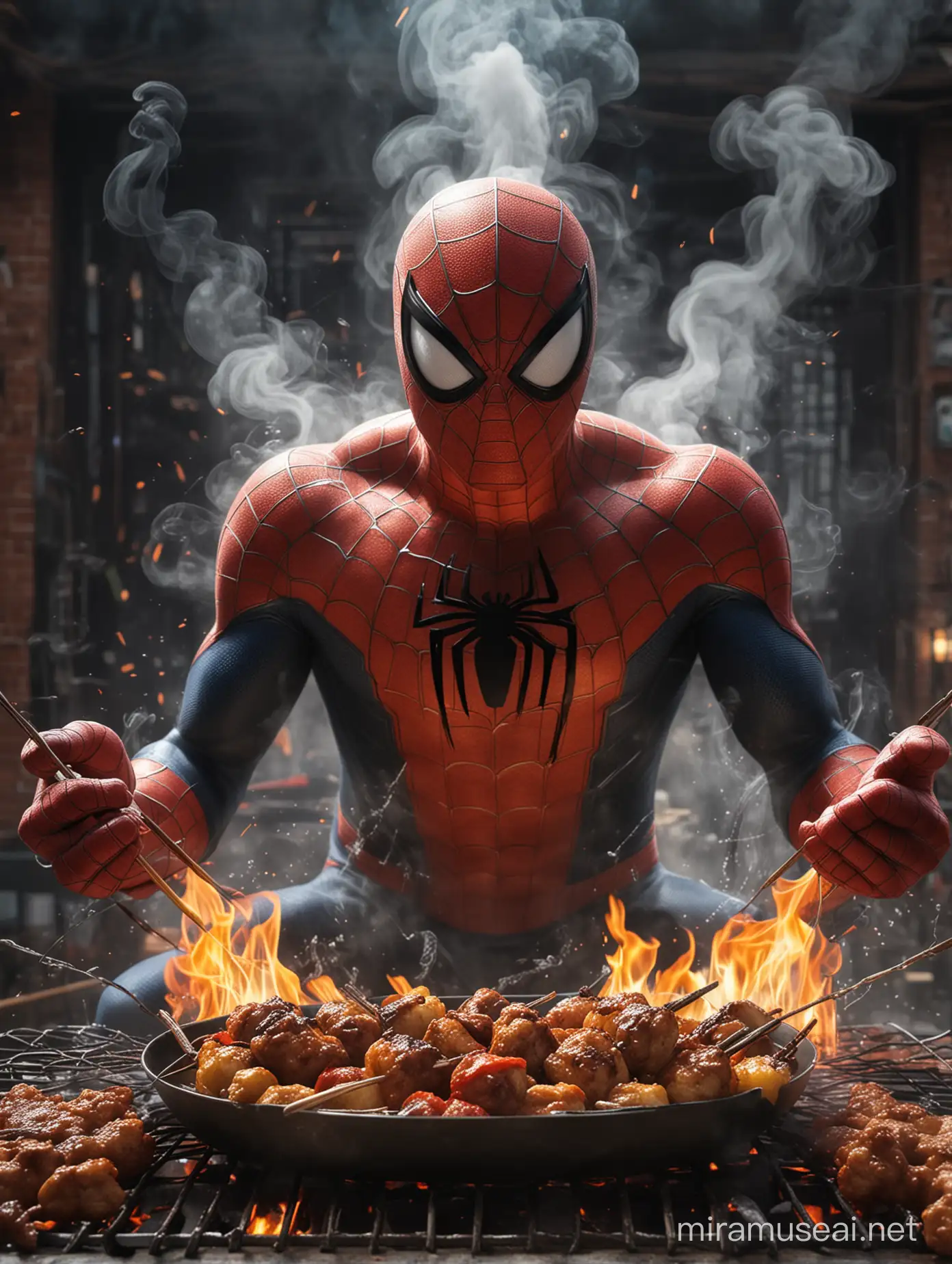 Create a film poster of 3d animation "Spiderman" is seen a grill and spiderman grilling satay with a dramatic smoke effect and also spider webs in the background, by maintaining the character of Spiderman, using costume and spiderman mask look a like as the original