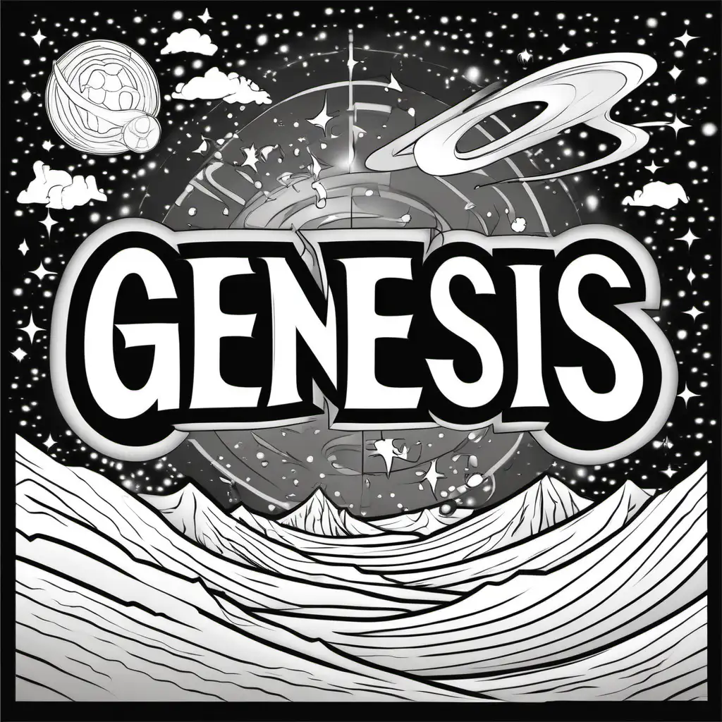 
Generate a simple non-colored vector image for use as an activity for kids colorable image that must have the word "Genesis" in a colorable 2D format. Use the spelling indicated prior. The vector artwork should reflect the book of Genesis. The image should be in a vector Adobe Illustrator editable format and have a plain white background of the different elements found in the book of Genesis that matches the description "Stories about the beginning of the world, Adam and Eve, Noah, Abraham, and Joseph." Genesis should be colorable. Avoid black on the backgrounds