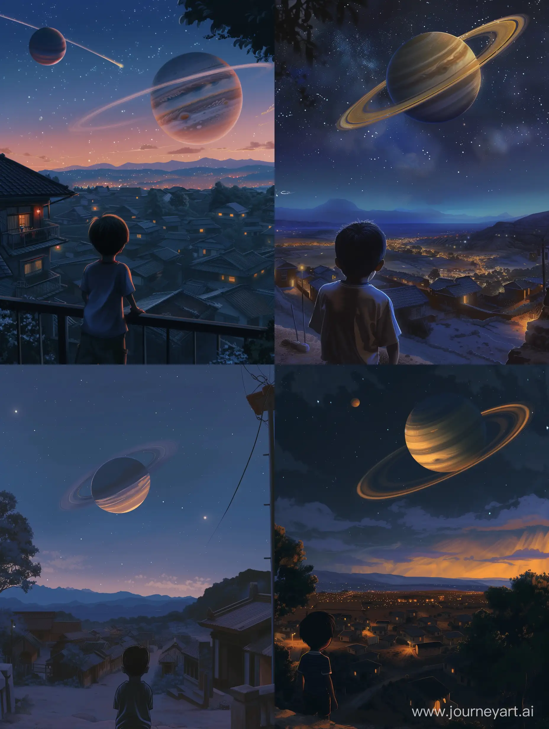 a view from a boy looking up at the sky and seeing a planet similar to saturn sitting close, almost close enough to touch. its huge in the night sky...the boy is in a well organized village at dusk