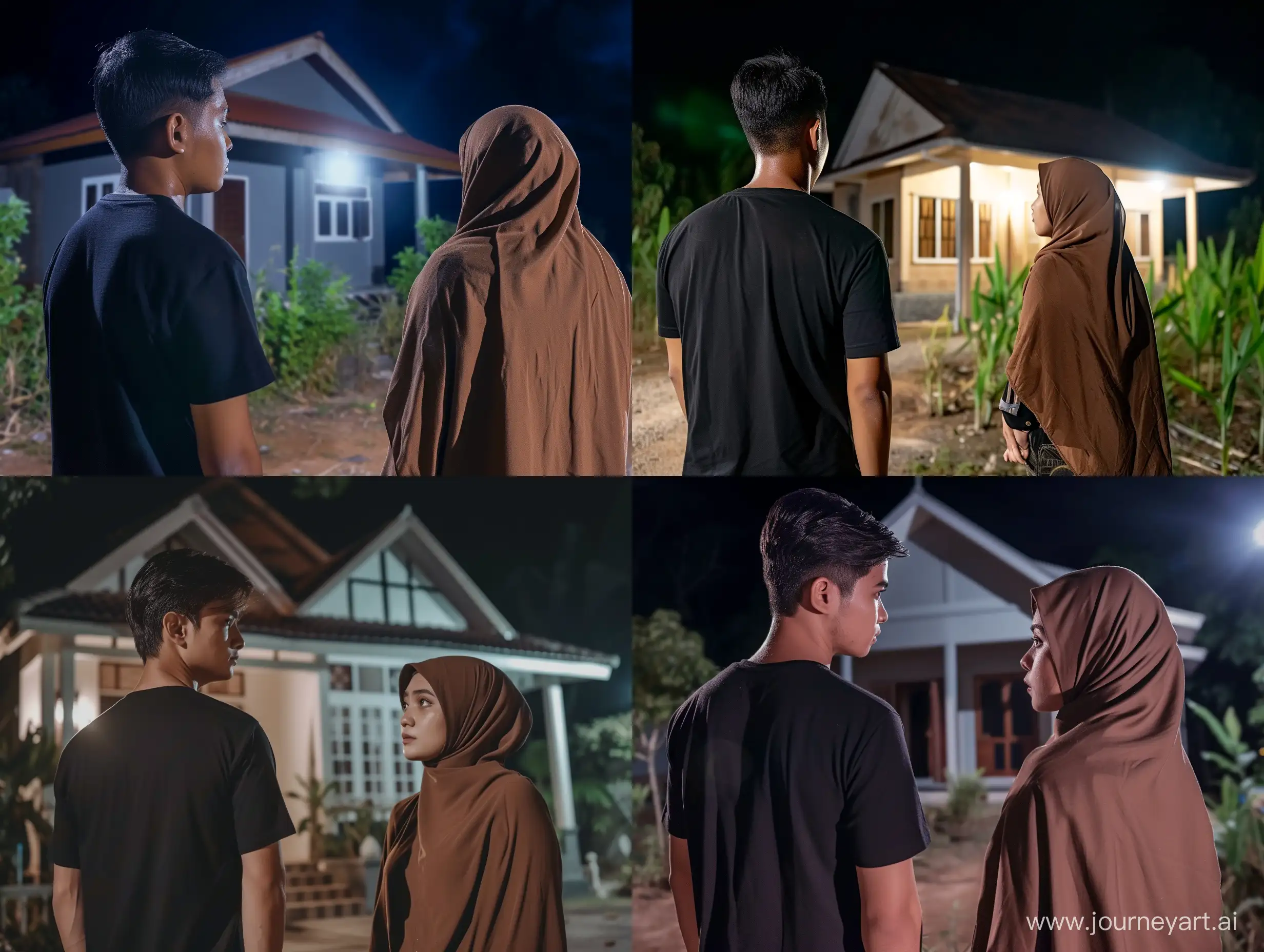 A 30 year old young man wearing a black t-shirt and a 29 year old Indonesian woman wearing a brown hijab looking at a simple house at night,  Front view,  horror movie scene