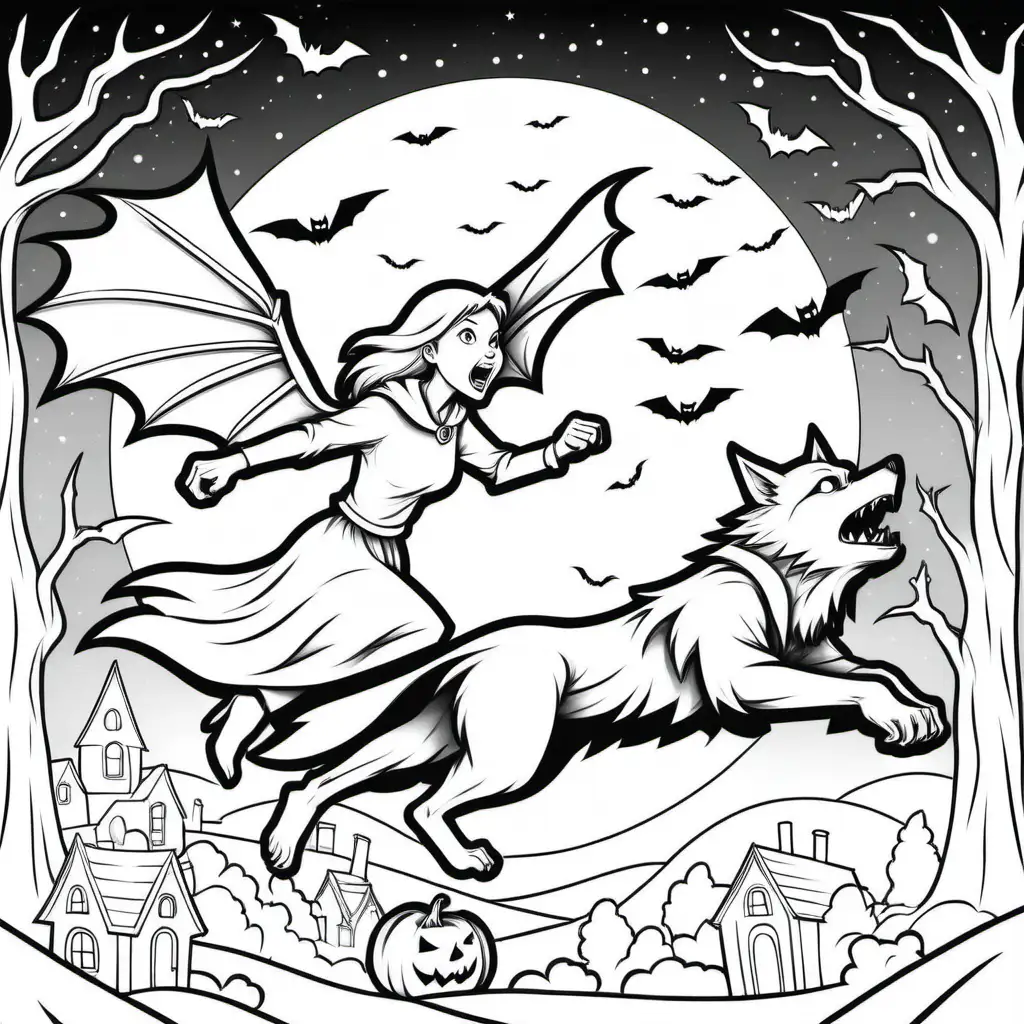 a simple black and white coloring book outline of flying werewolf and flying witch on halloween,  for coloring