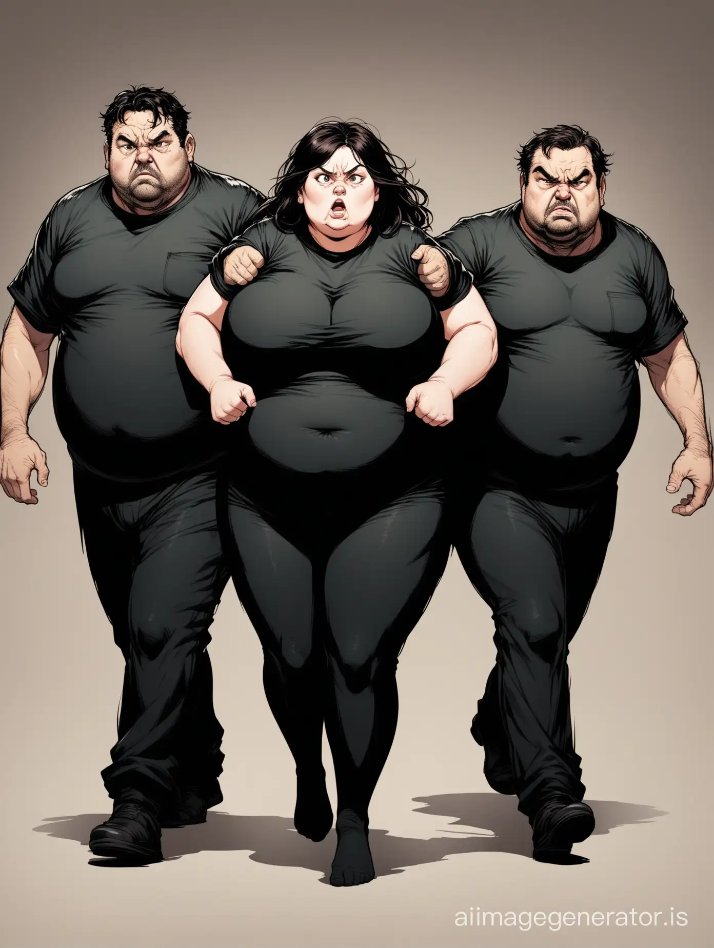 An unkempt middle aged fat woman with disheveled dark hair in tights with pulled knees and an alcoholic T-shirt is being led by the arms of two men with serious, indifferent faces, dressed in black jumpsuits.