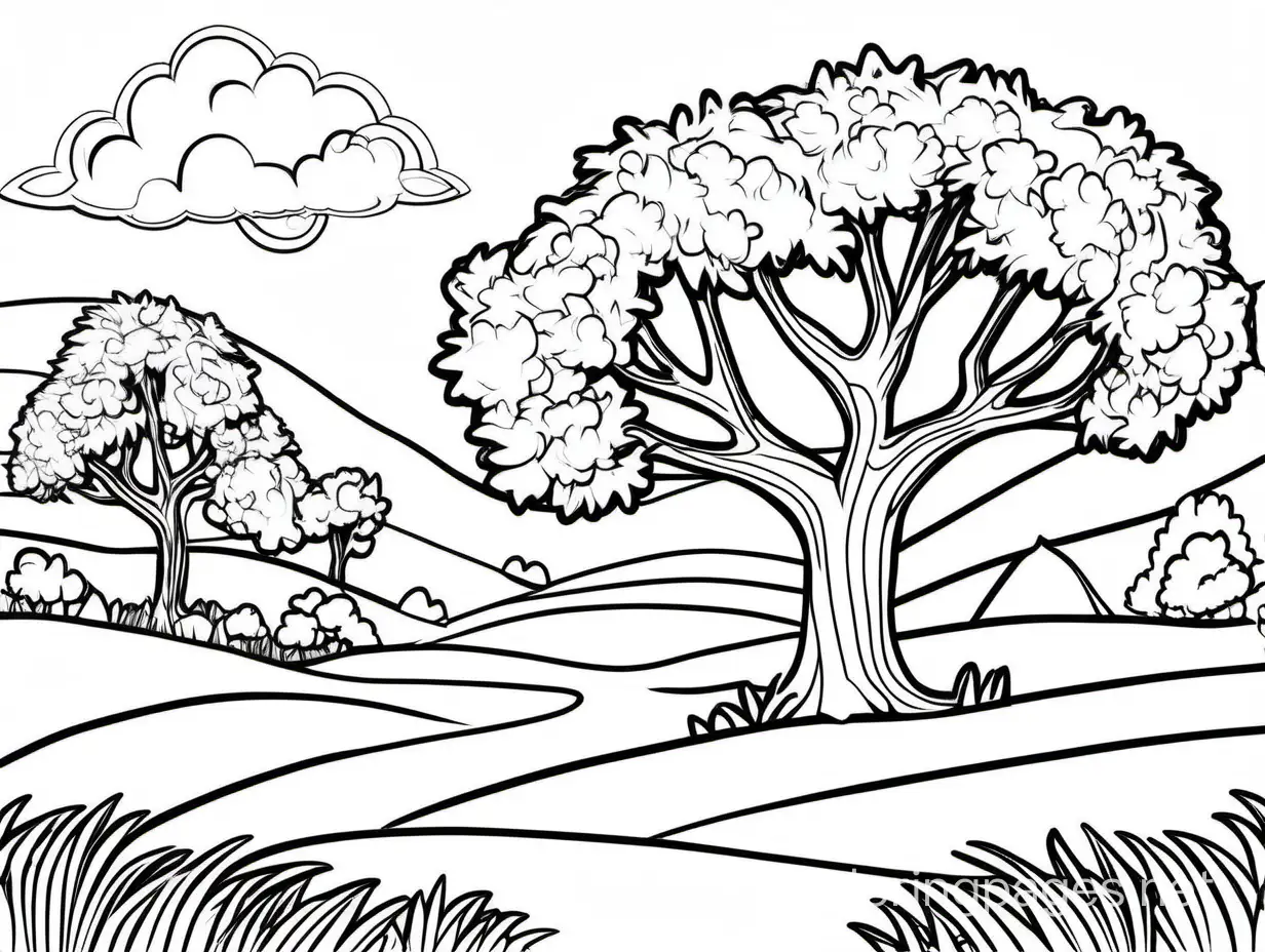 summer weather tree landscape with a medium cow coloring page black and white, Coloring Page, black and white, line art, white background, Simplicity, Ample White Space. The background of the coloring page is plain white to make it easy for young children to color within the lines. The outlines of all the subjects are easy to distinguish, making it simple for kids to color without too much difficulty