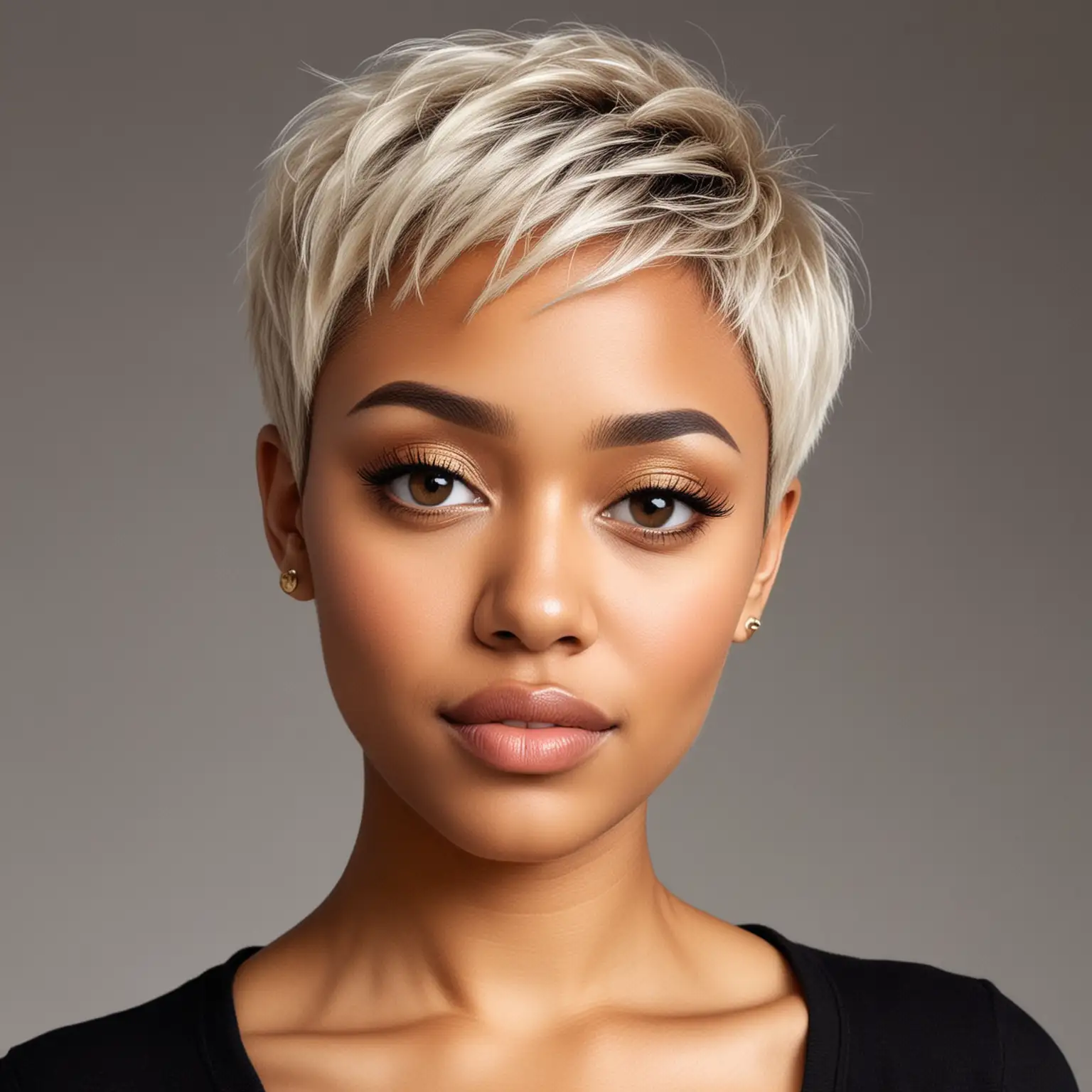 create full body image of light skin black lady with downturned gray eyes, honey blonde hair in pixie cut




