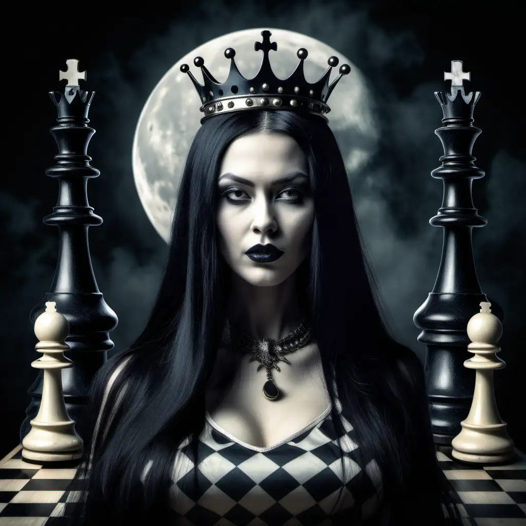 Dark Gothic Chess King Confronts Lipless Queen with Moonlit Hair
