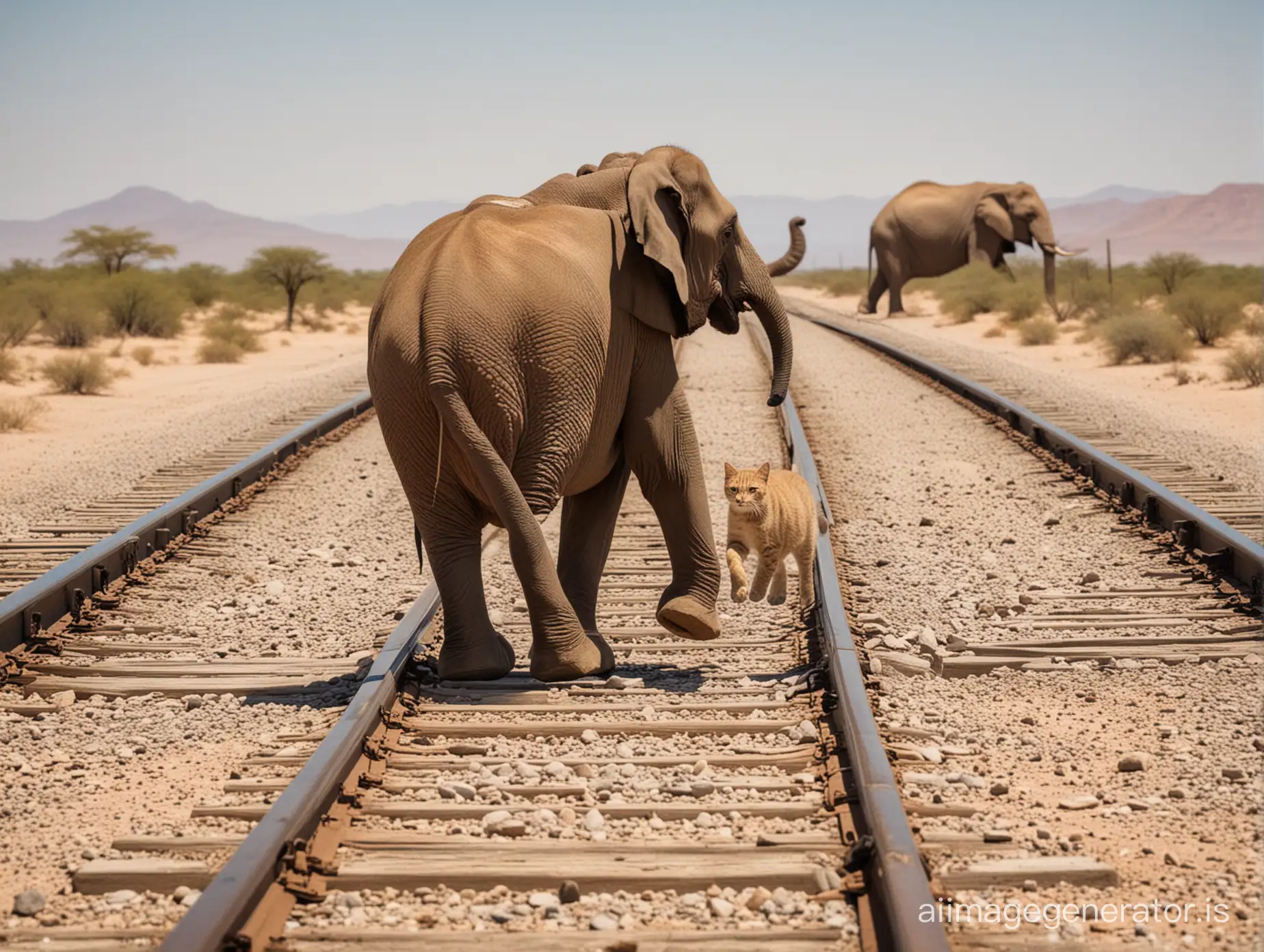 Playful-Cat-Chasing-Elephant-on-Railroad-Tracks-in-Desert-Landscape