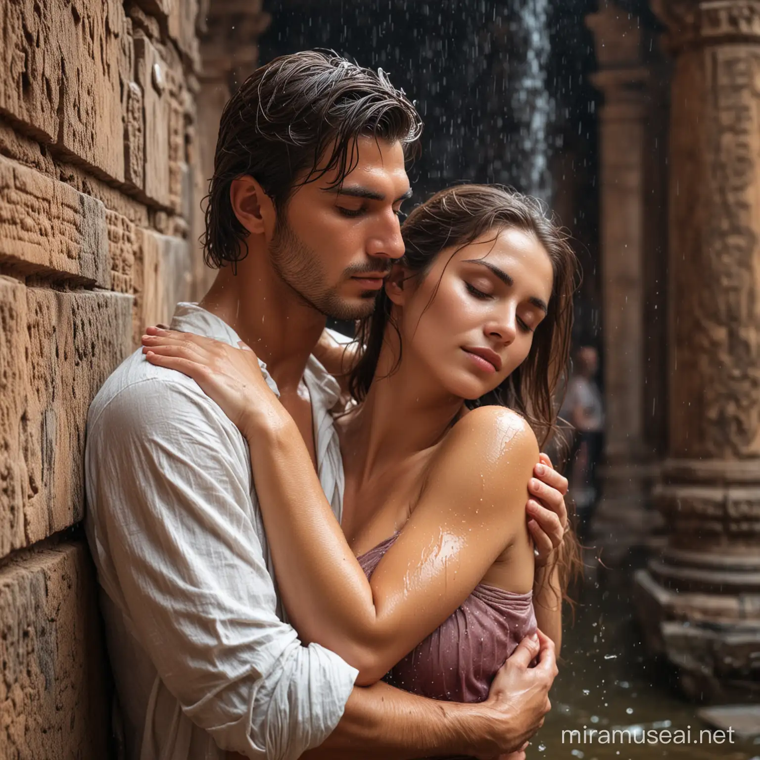 handsome man holding a beautiful sleeping woman in his arms, she is soaking wet, in an ancient sacrificial temple 