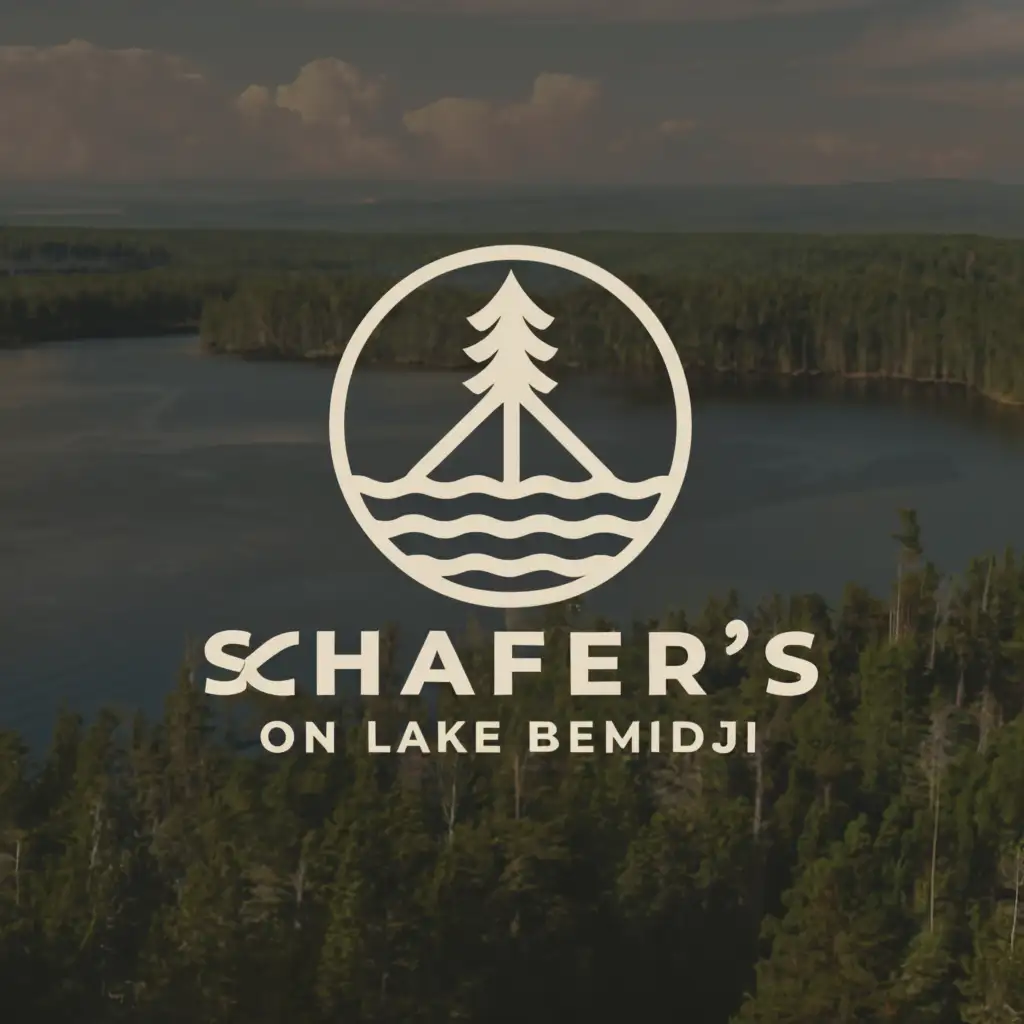 a logo design,with the text "Schafer's on Lake Bemidji", main symbol:Lakeshore with a pine tree,Minimalistic,clear background