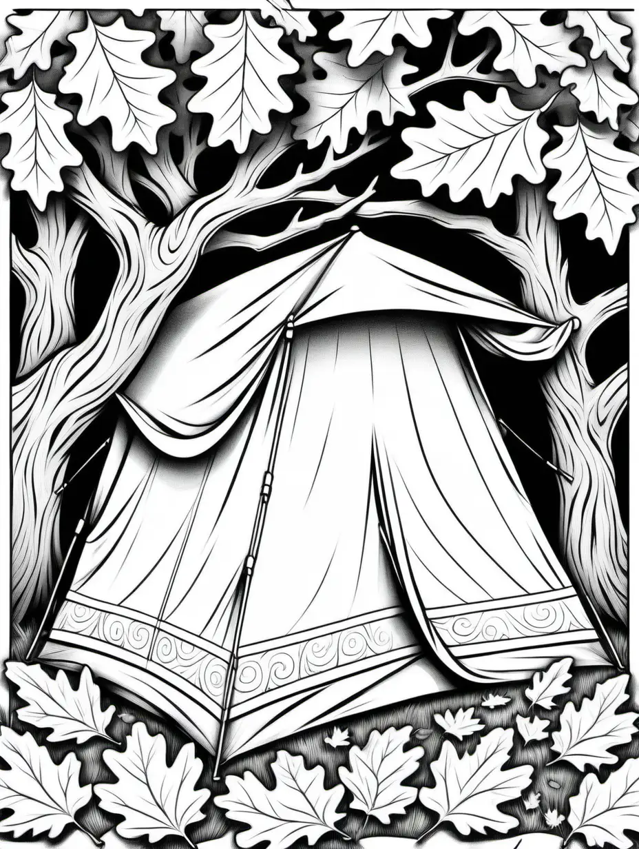 a tent in an oak tree coloring book, black and white, individual oak leaves, no shading, no background, thick black outline