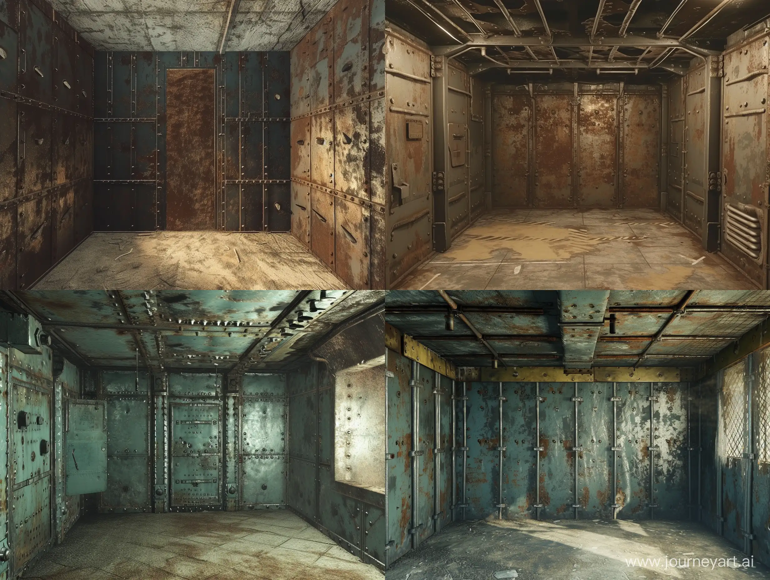 an abandoned room inside an empty bunker from videogaame Fallout, bolted metal walls