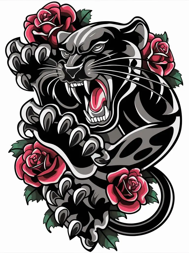 Traditional Panther Tattoo with Aggressive Roses