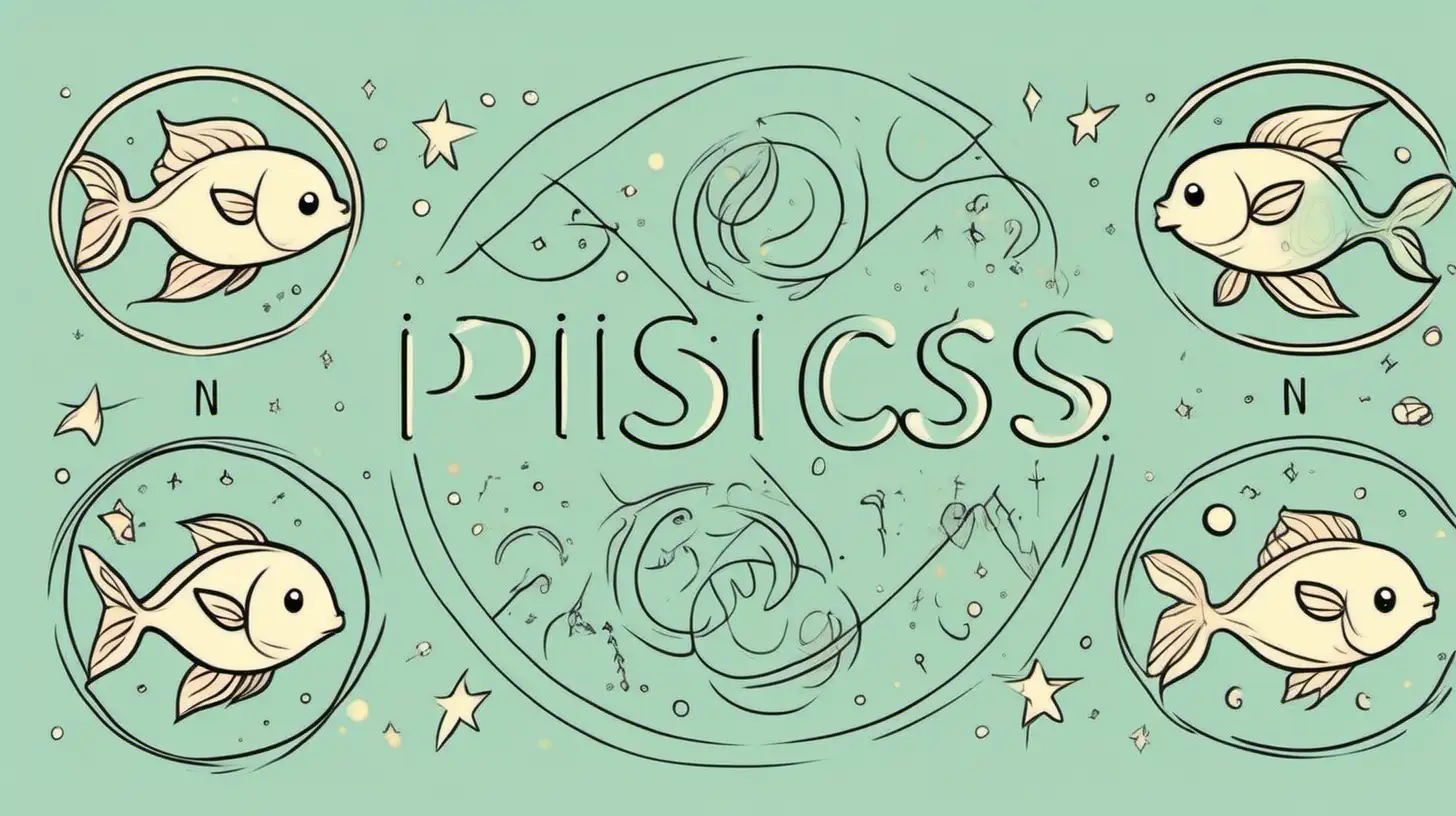 Draw A zodiac pisces sign sets, cute  ,line drawings  , Loose lines. Muted color, with label style text