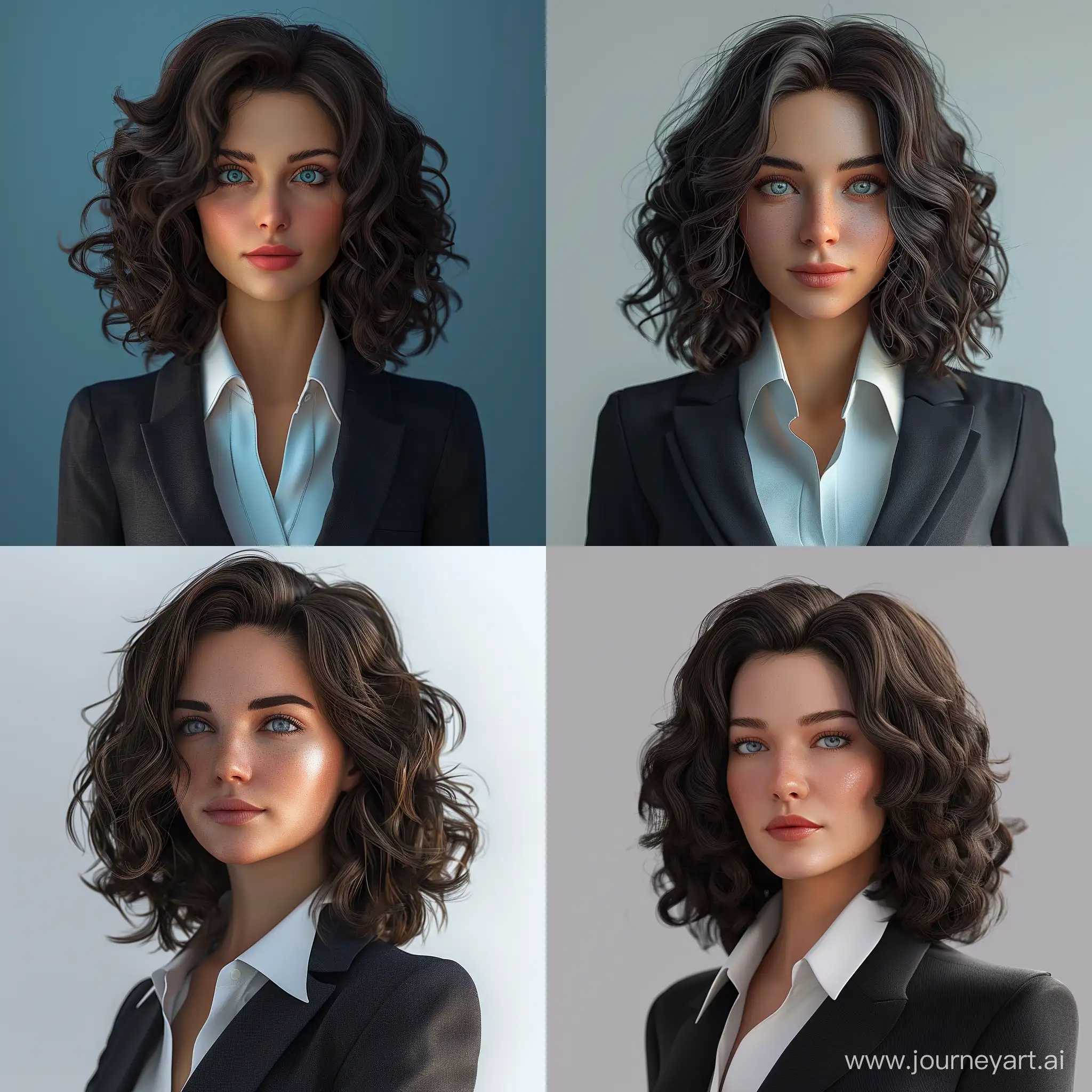 Business woman in a suit, dark brown curly shoulder-length hair, gray-blue eyes;8k ;photorealistic