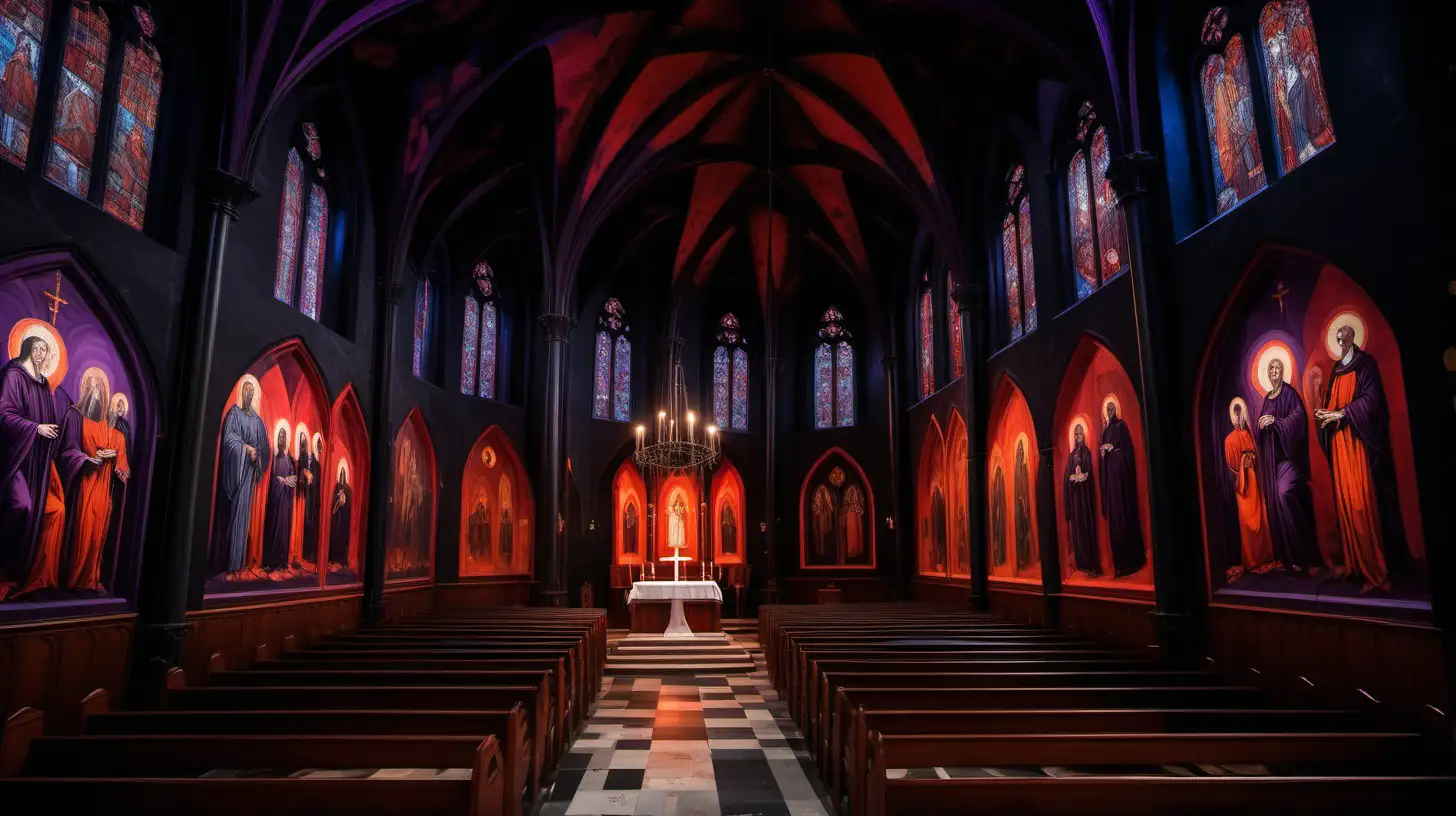 gothic church interior with murals, night, black, dark purple, crimson, orange