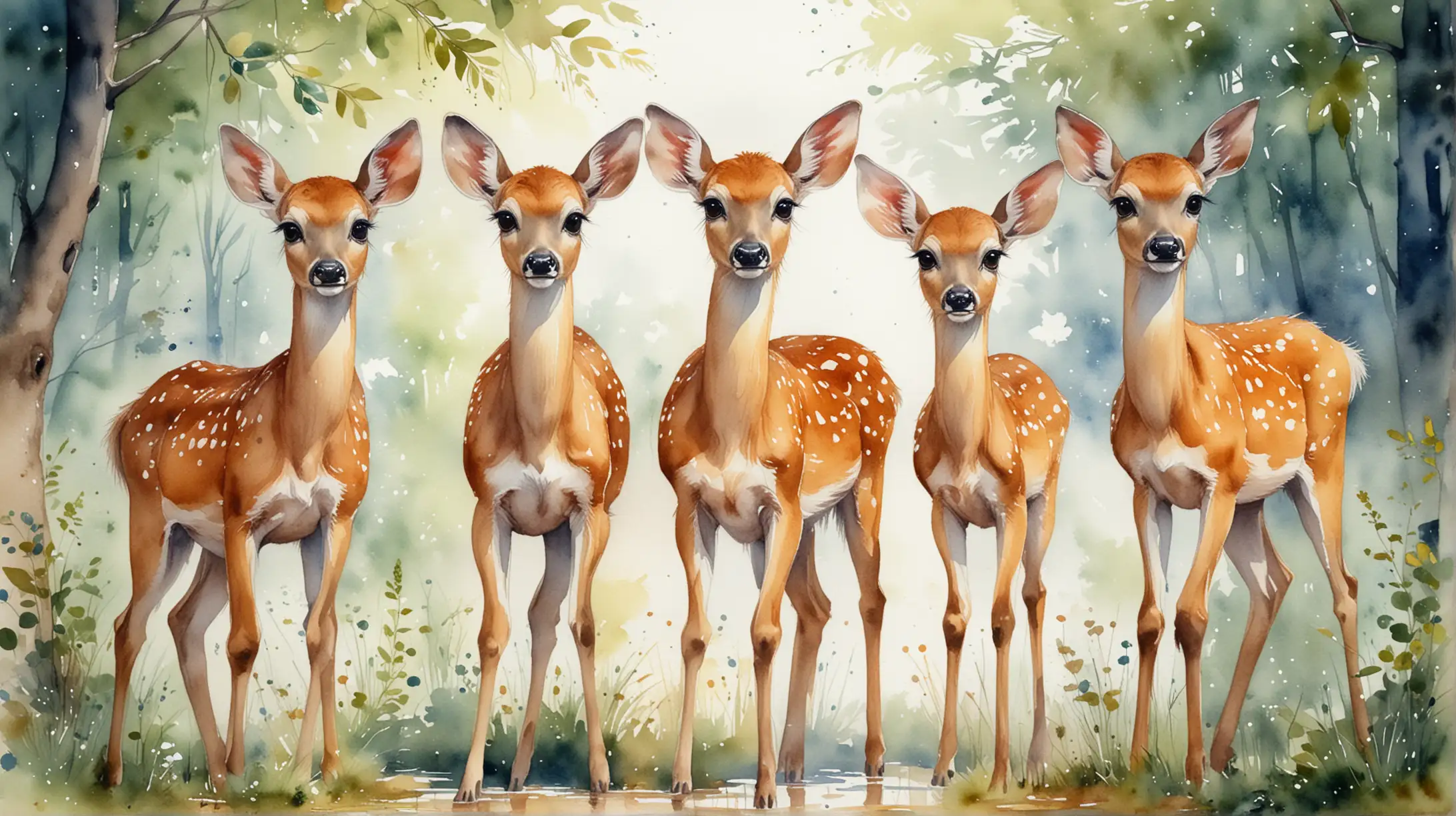 Beautiful deer fawns that look crazy, silly, funny, with big eyes and long legs, so the entrance in watercolor
