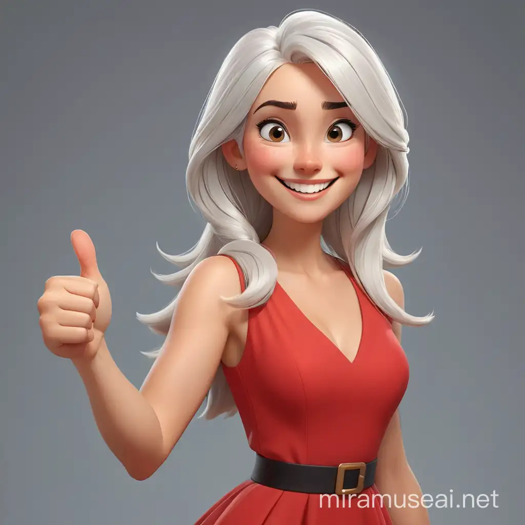 charming cheerful  woman, with a Playful smile, a thumbs up gesture, white straight hair, medium length hairstyle, red dress, comics style, 3d modern cartoon style, pixar style, disney style