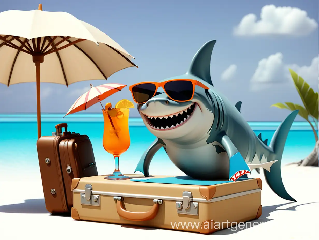 Акула на мальдивах с чемоданом в солнцезащитных очках, с зонтиком, в ластах коктейль 