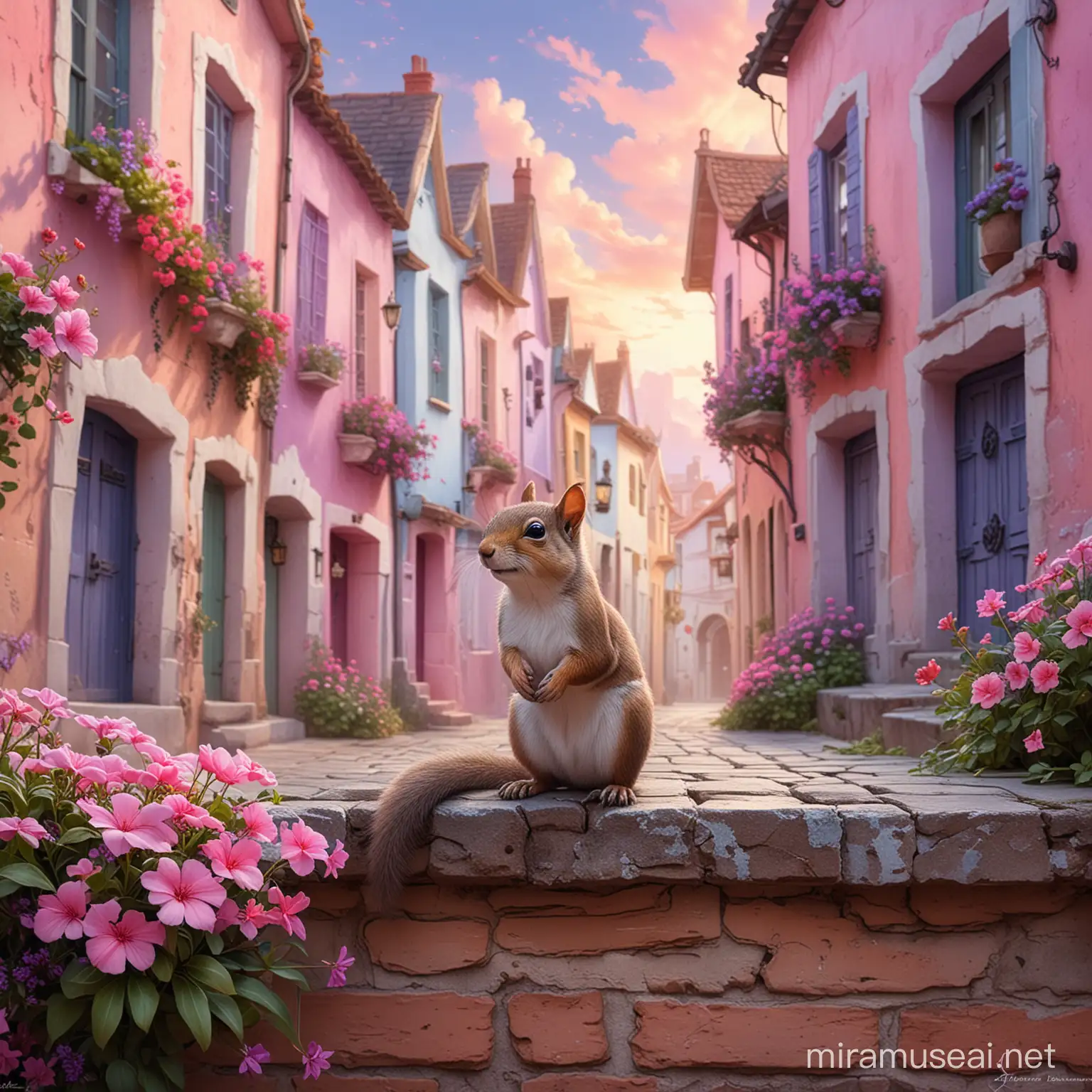 A painting of a beautiful little squirrel in the middle of an old street with pastel colored houses, pink and purple flowers and plants on its walls, pink clouds above its head, a cute painting in the style of Anne Stokes, fantasy art style., vibrant, painting