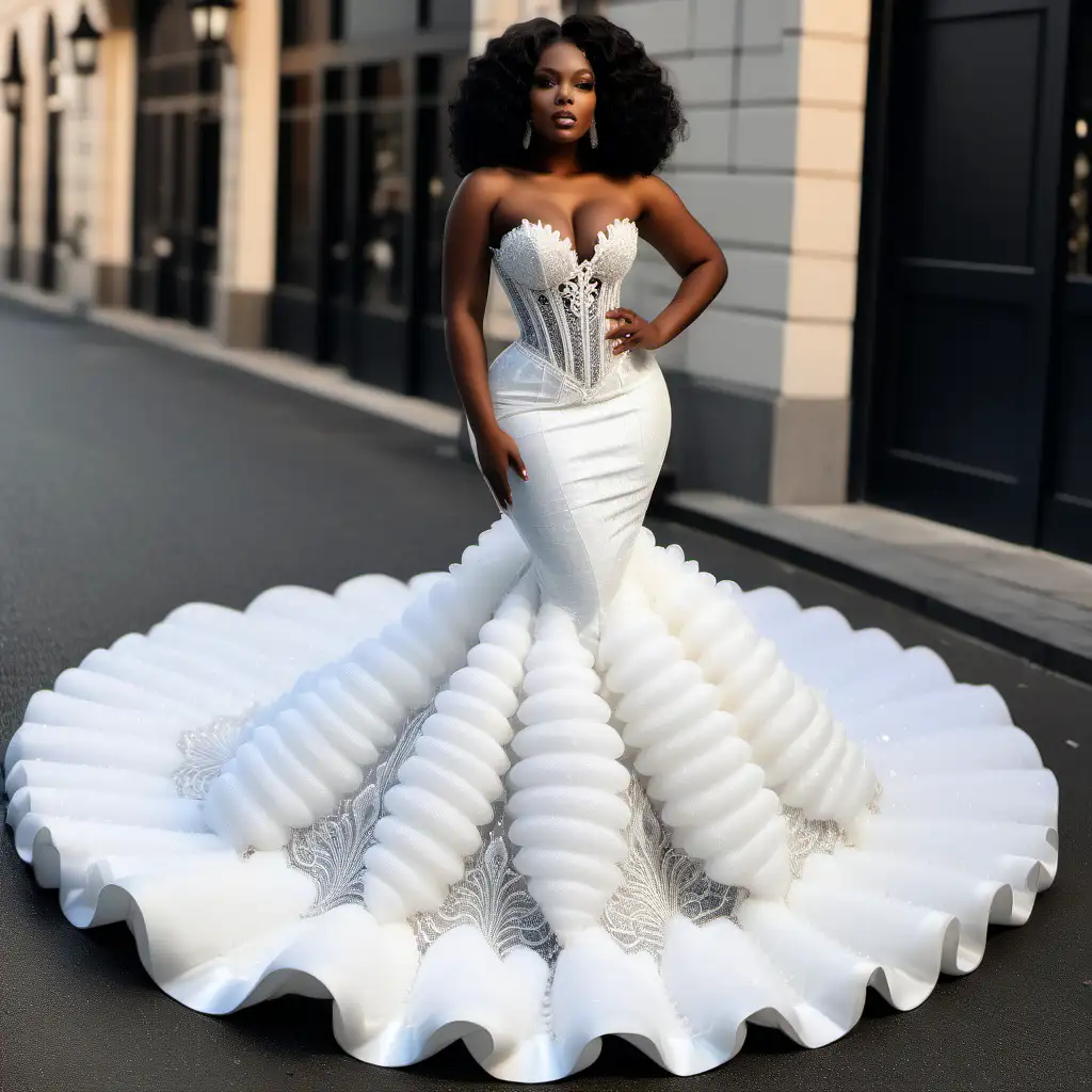 Beautiful black woman in white corset mermaid prom dress with puffy train made with beaded lace fabric 