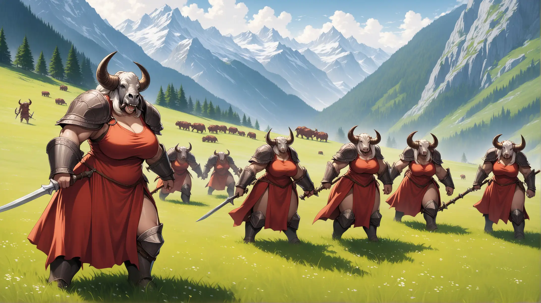 group of female minotaurs, red gray white, mountain pasture, Medieval fantasy