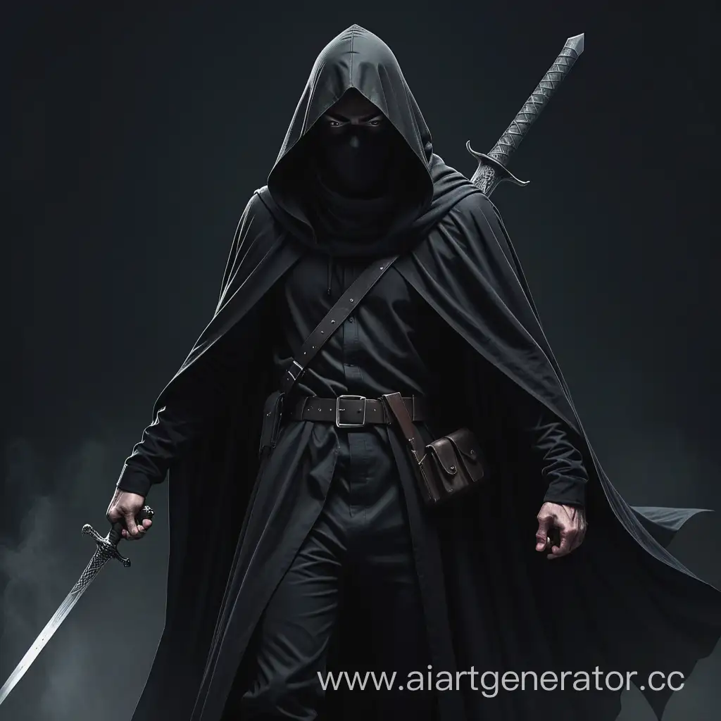 высокий человек в чёрном, за спиной чёрный плащ, голова накрыта капюшоном, а лицо закрывает чёрная маска, пользуется огромным мечом и двумя пистолетами. 