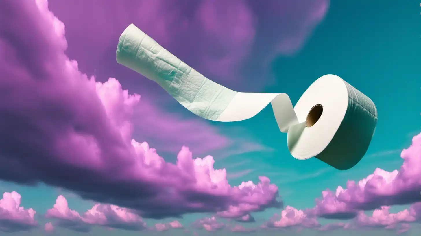 toilet paper unfolding in the cyan sky with purple clouds










