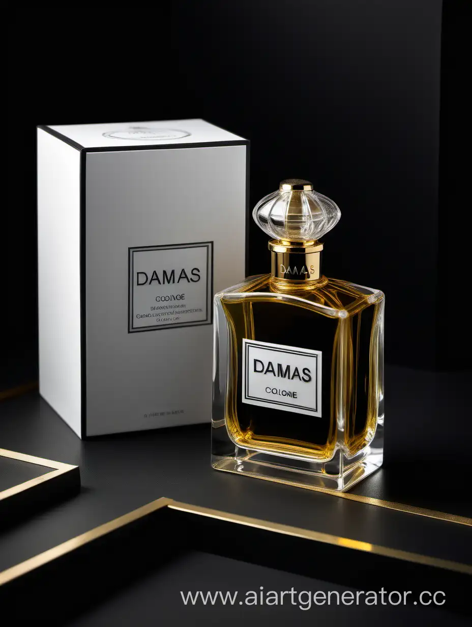 a bottle of damas cologne sitting next to a dark White box,with golden lines a Baroque dynamic luxurious composition, feminine
flemish Baroque