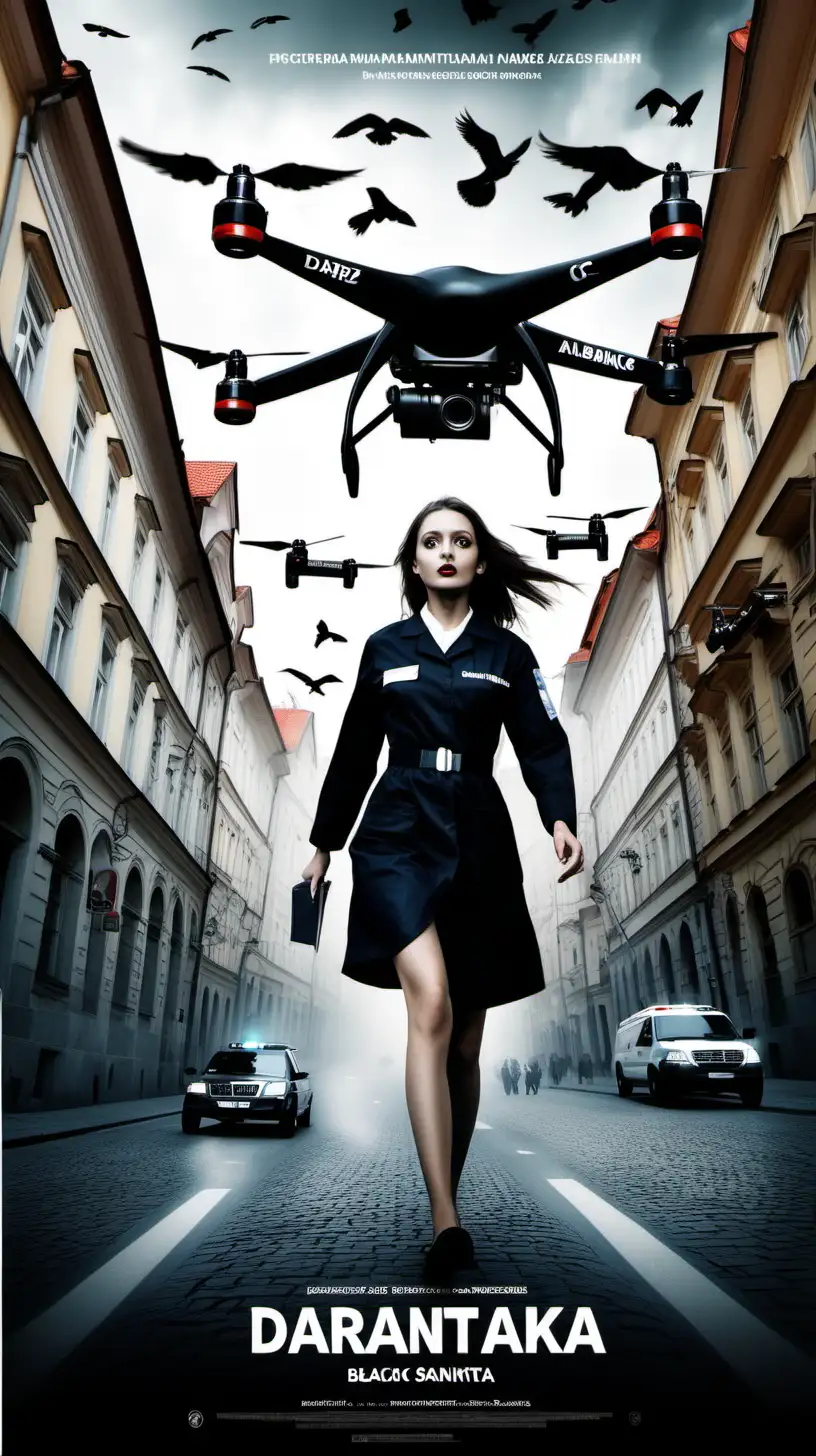 Create a poster for a fictional movie where there is a darkened street in Prague and in the middle a black ambulance driven by a beautiful young girl in a black medical uniform. A flock of ravens flies in the background. All in motion and in the style of modern movie posters. In the upper part put the text "ČERNÁ SANITKA", in the lower part put the texts with the fictitious name of the director and actors. -- Drone photography -- Cinematic haze -- Powerful action -- Dynamic movement -- Intense emotion --Drone photography --Cinematic haze --powerful action --dynamic movement --intense emotion
