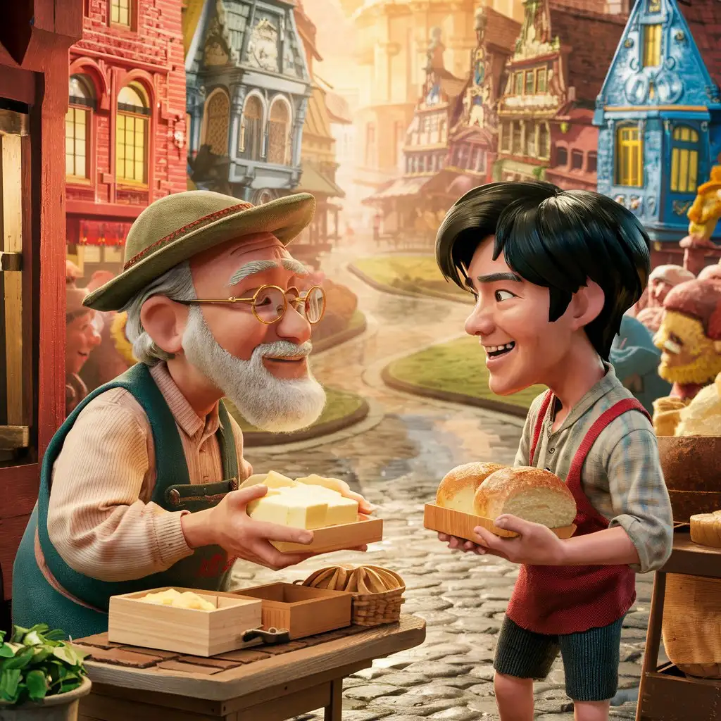 Create a 3D illustrator of an animated scene where a old man in his 70s is selling his butter to another man with black hair who is in his 30s in exchange of bread. Beautiful and spirited vintage background illustrations.