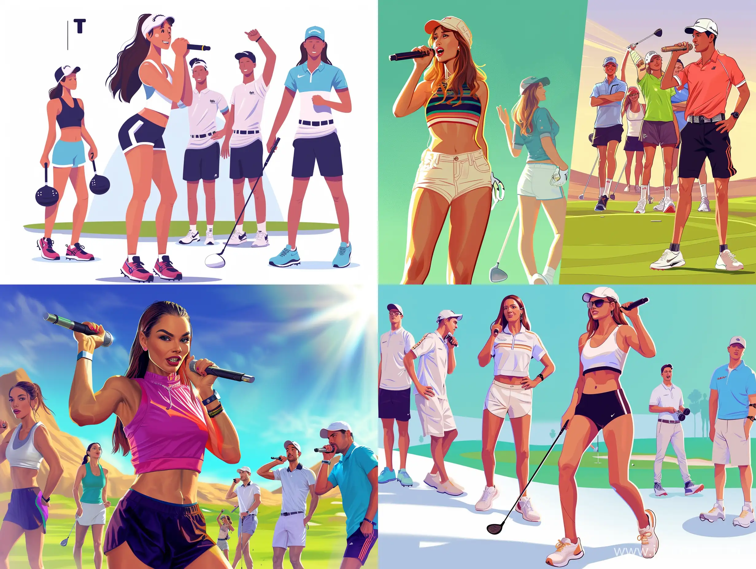 creat an image of a female streamer,a female singer,amale exercising influencer and a group of golfers recodring themselves