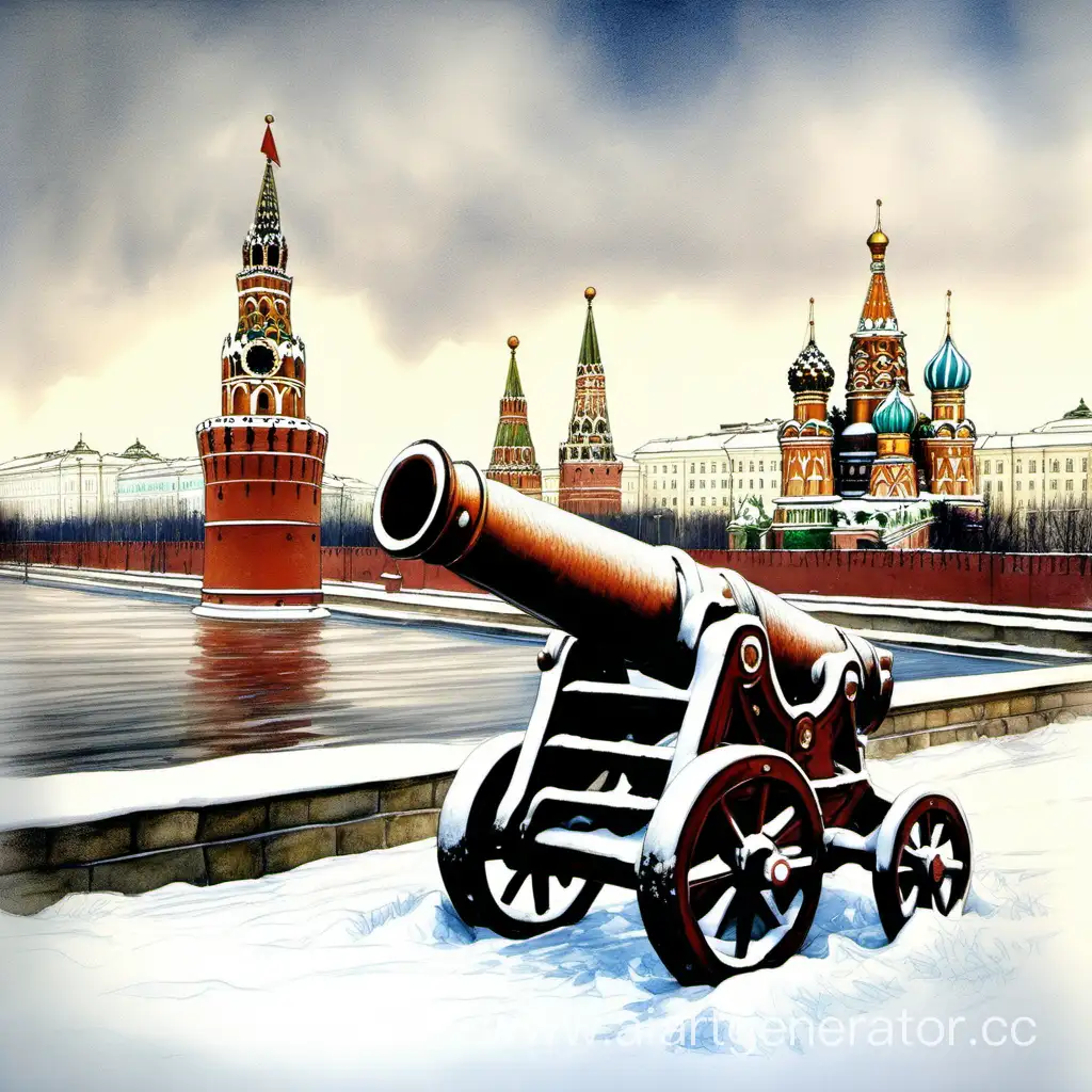 нарисуй арт Москва, царь пушка, кремль на фоне, в зимнее время