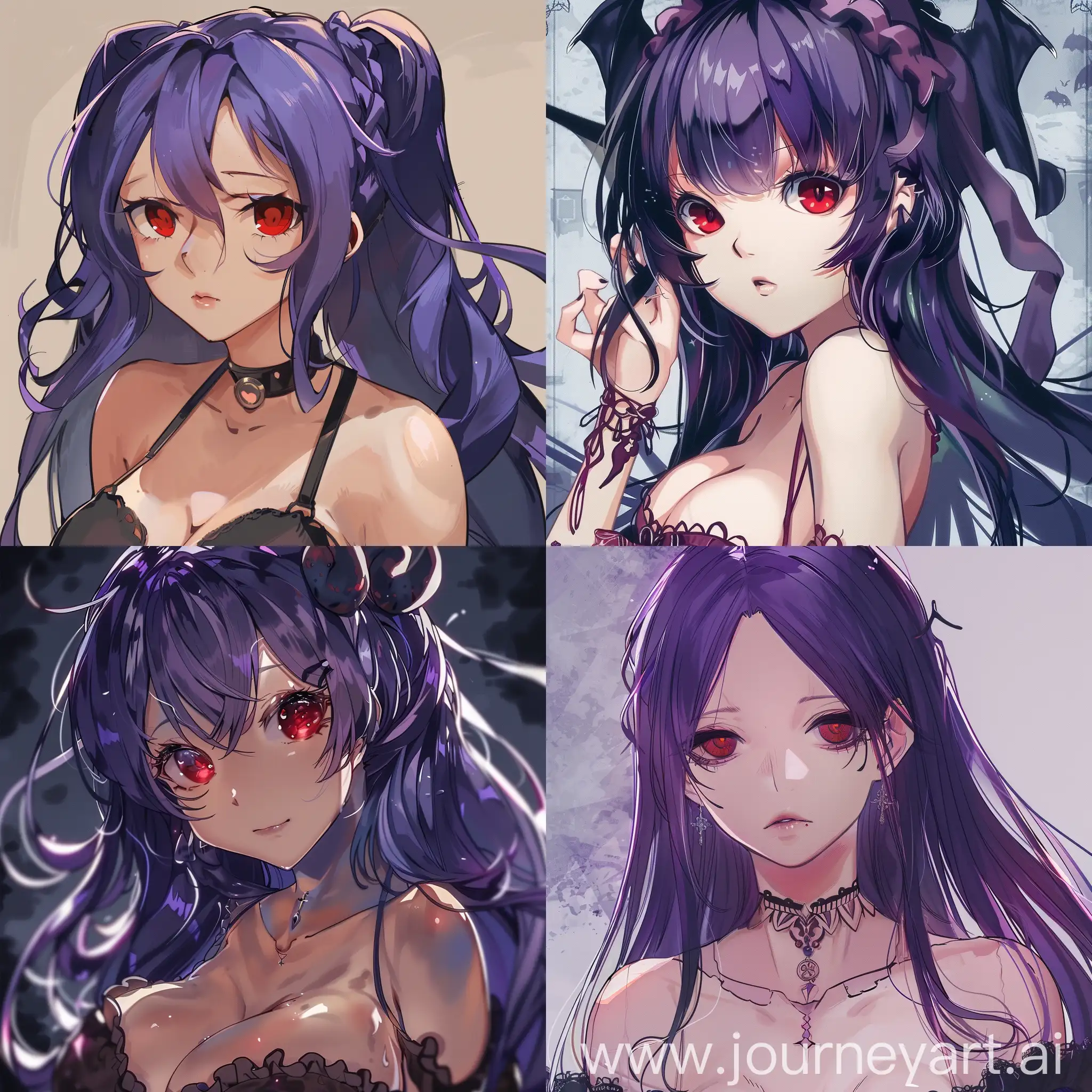 anime girl, succubus, purple hair, red eyes, full body