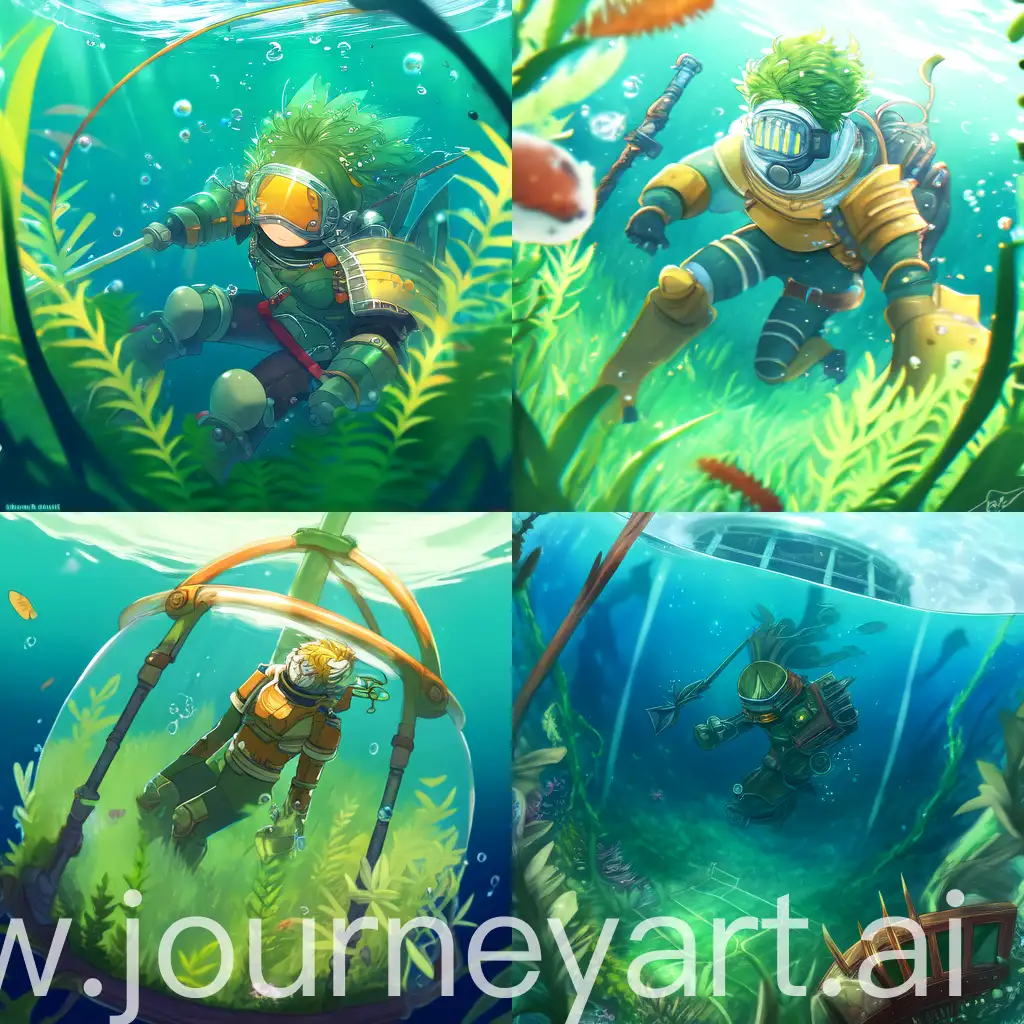 green grass hair male soldier in rusty armor, plays in the underwater carousel