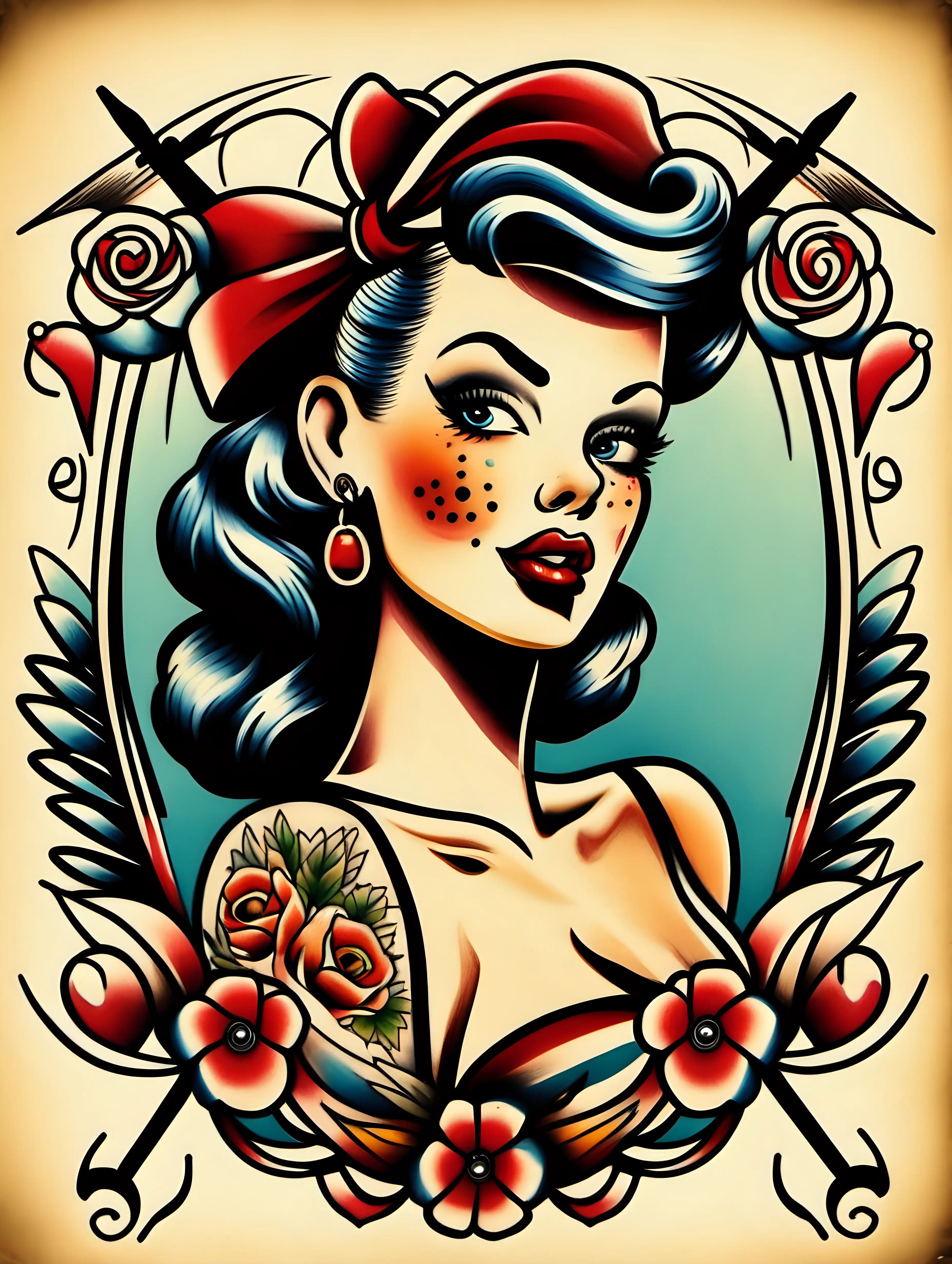 pin up, traditional tattoo style