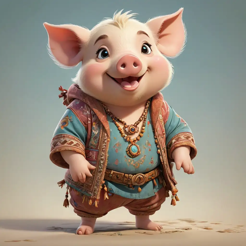 A cute happy pig in cartoon style, full body, with boho clothes, with clear background