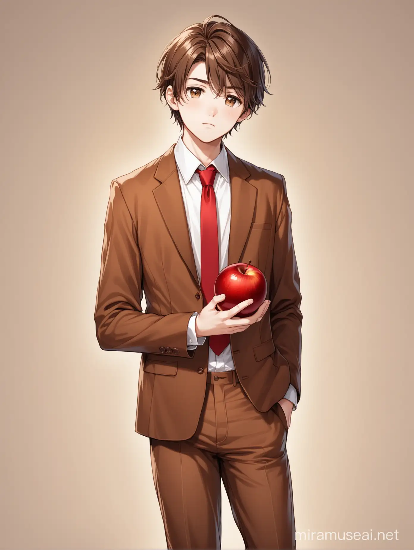 A handsome teenager with brown hair, brown eyes, and a sleepy look. He wears a white shirt, red tie, brown suit, brown pants, and brown shoes. He holds an red apple.