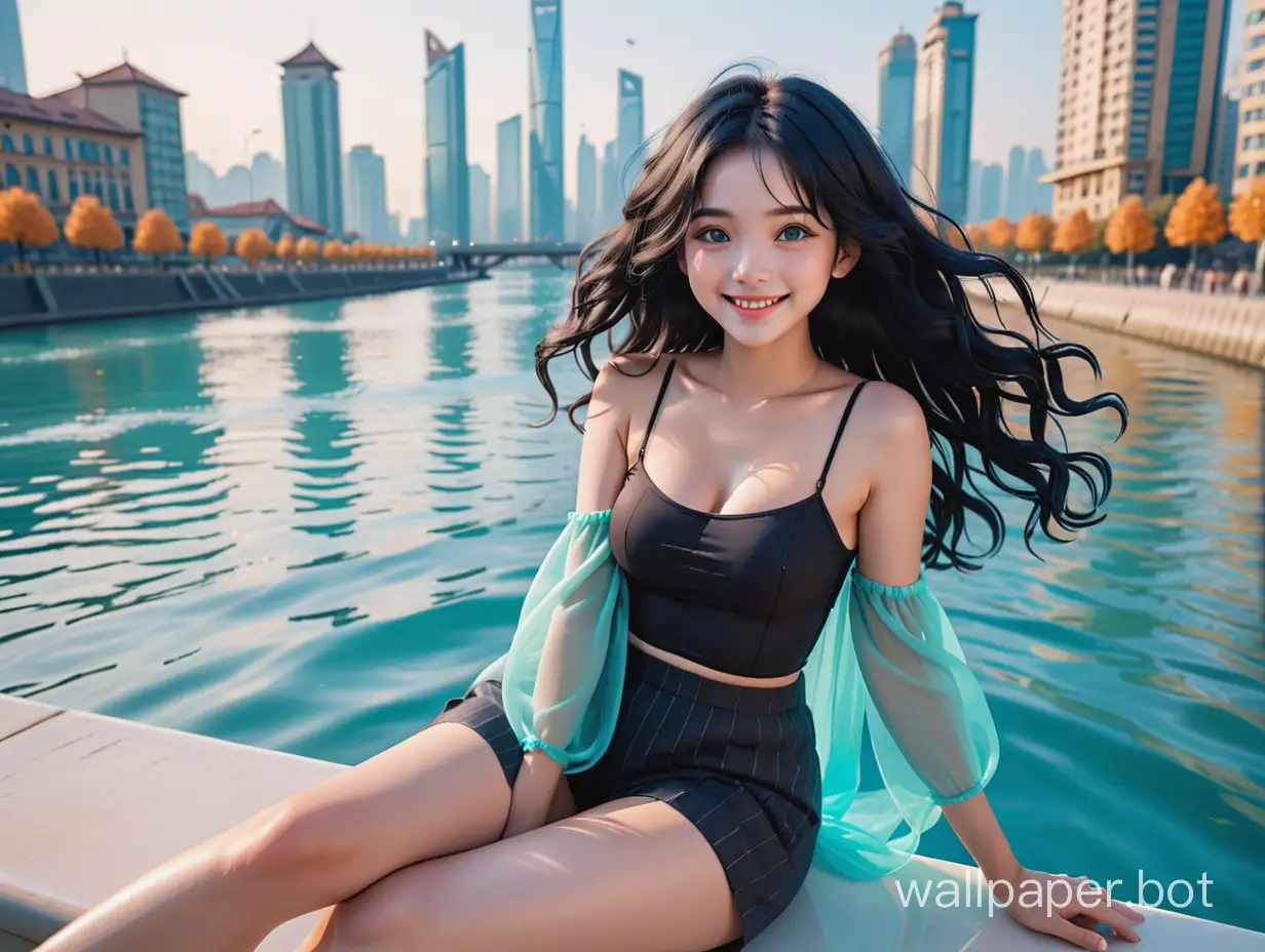 masterpiece,best quality, very aesthetic, absurdres, 1girl, solo, wavy hair, blue black hair, floating hair, smile, sitting, open leg, open mouth, aqua eyes, looking at viewer, face focus，full body, scenery, city building