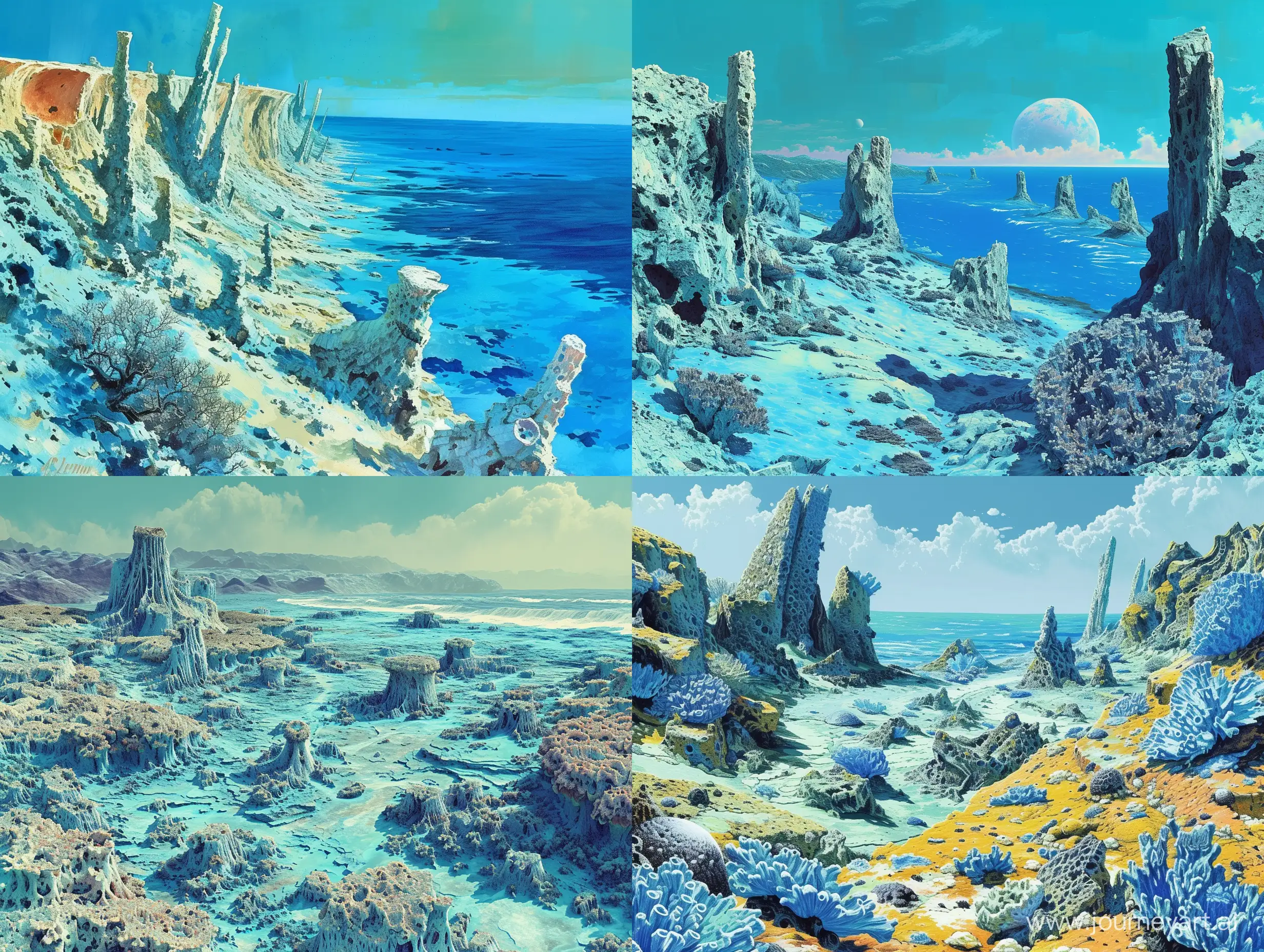 An alien landscape of an ocean coast covered in desiccated coral-like structures . In the style of Roger Dean and Ralph McQuarrie. retro science fiction art style. colorful with a lot of blue. surreal.

